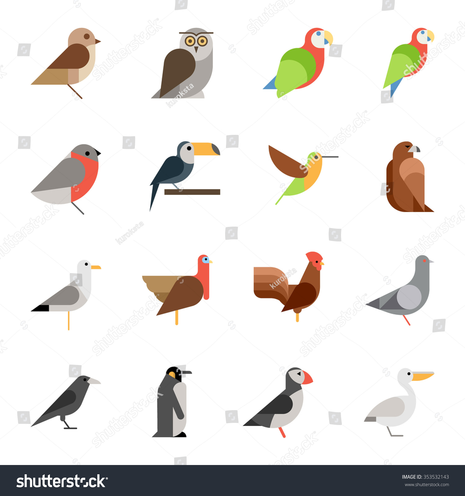 Flat Design Vector Birds Icon Set. Owl, Eagle, Hawk, Griffin, Crow 