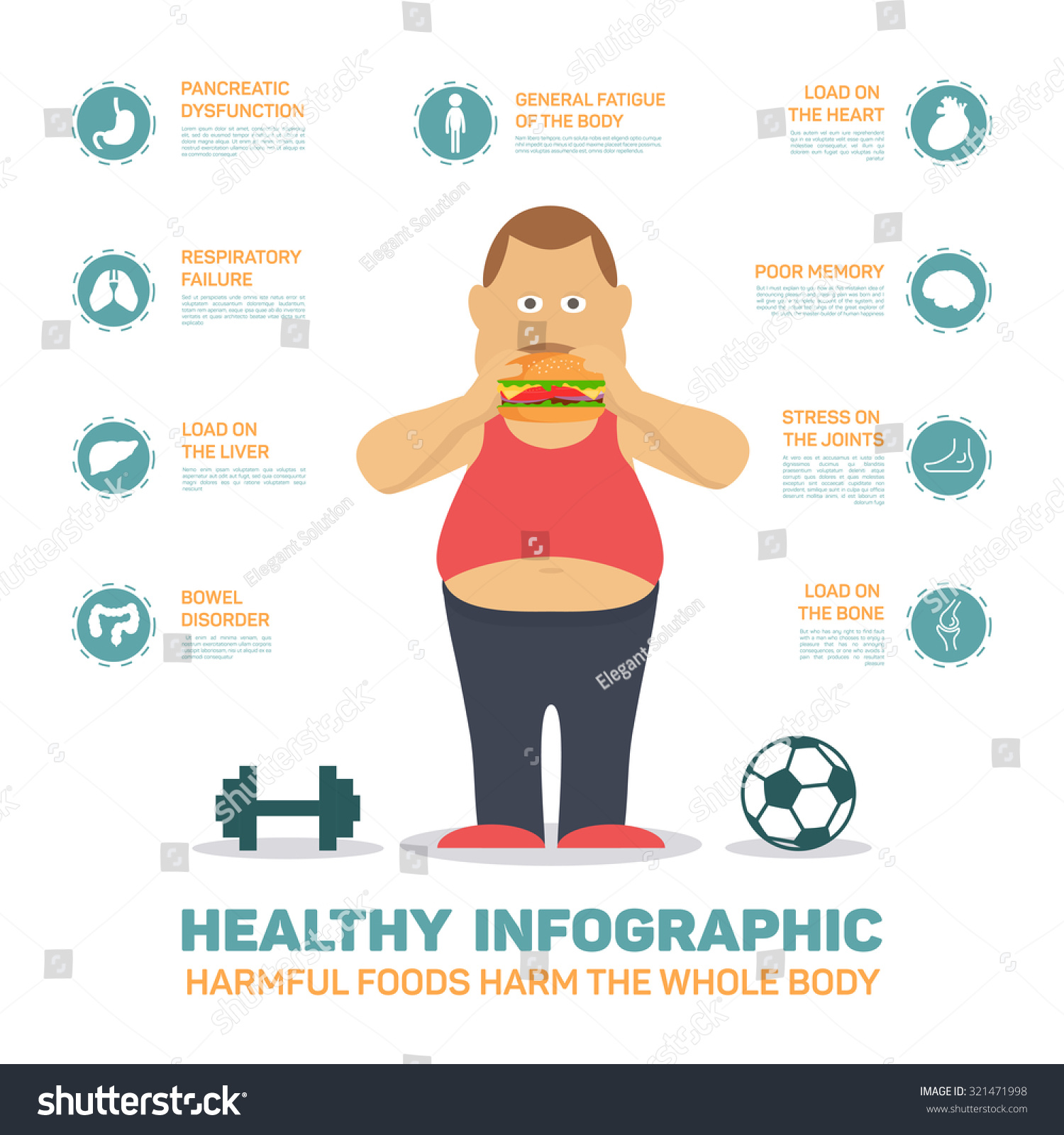 Flat Health Infographics , Fat Man Eat Hamburger. Obesity Affects Human 