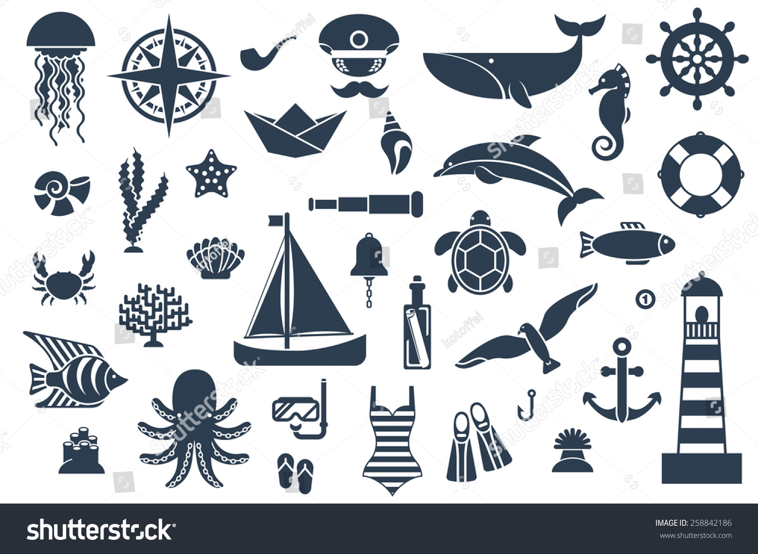 Flat Icons Sea Creatures Symbols Vector Stock Vector 258842186 ...