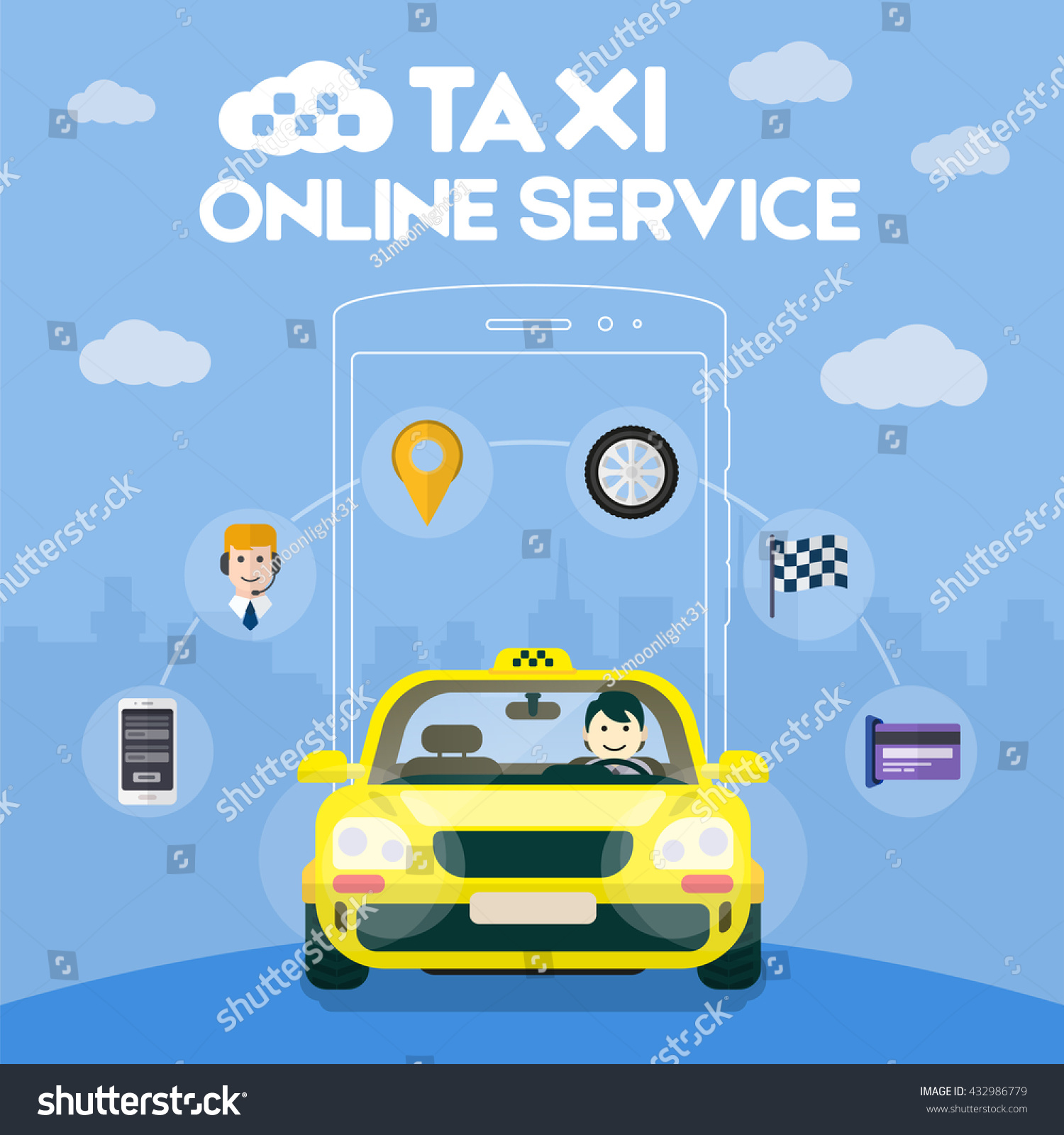Flat yellow taxi with a driver traveling on the road Taxi service Taxi online infographic icons Flat yellow taxi with a driver traveling on the road Taxi service Taxi online infographic icons