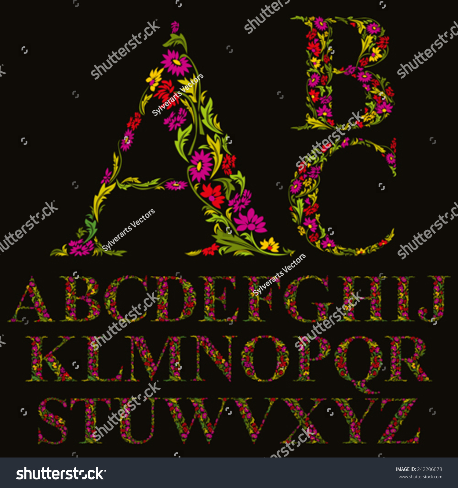 Floral Font Made Leaves Natural Alphabet Stock Vector