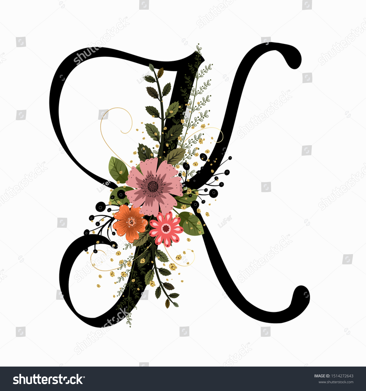 Flower Font Alphabet Letter K Watercolor Vector De Stock Libre De