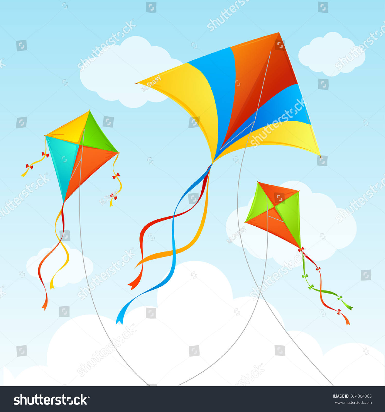 Fly Kite In Sky. Summer Background. Vector Illustration - 394304065