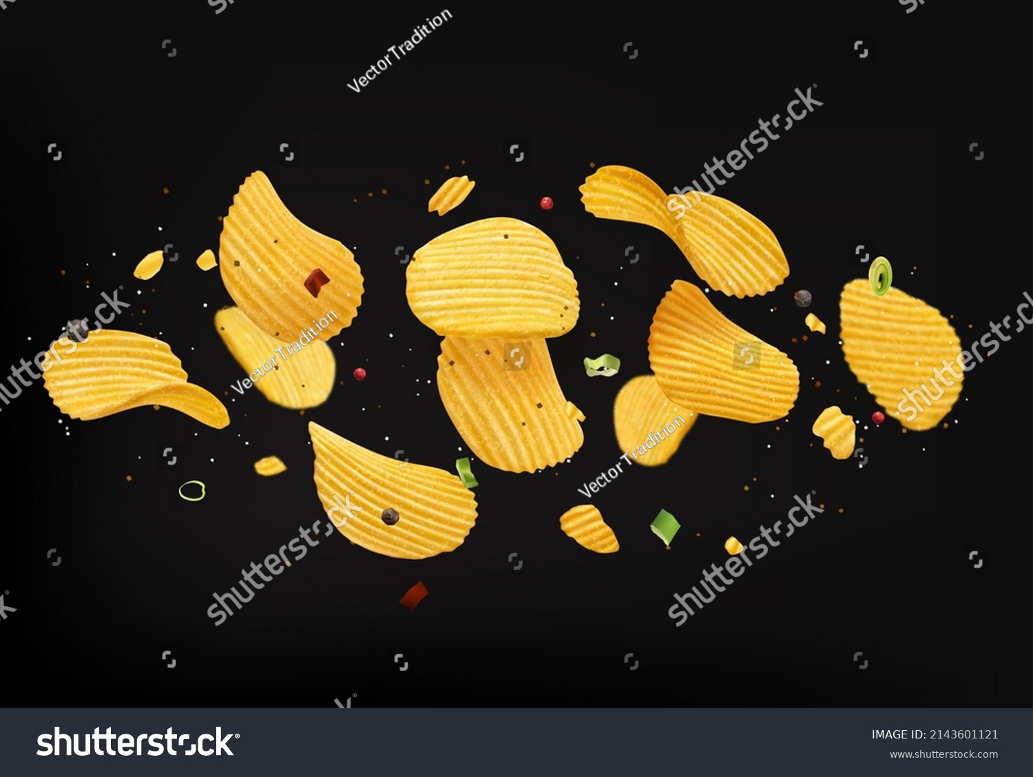 Flying Crispy Ripple Potato Chips Onion Stock Vector Royalty Free