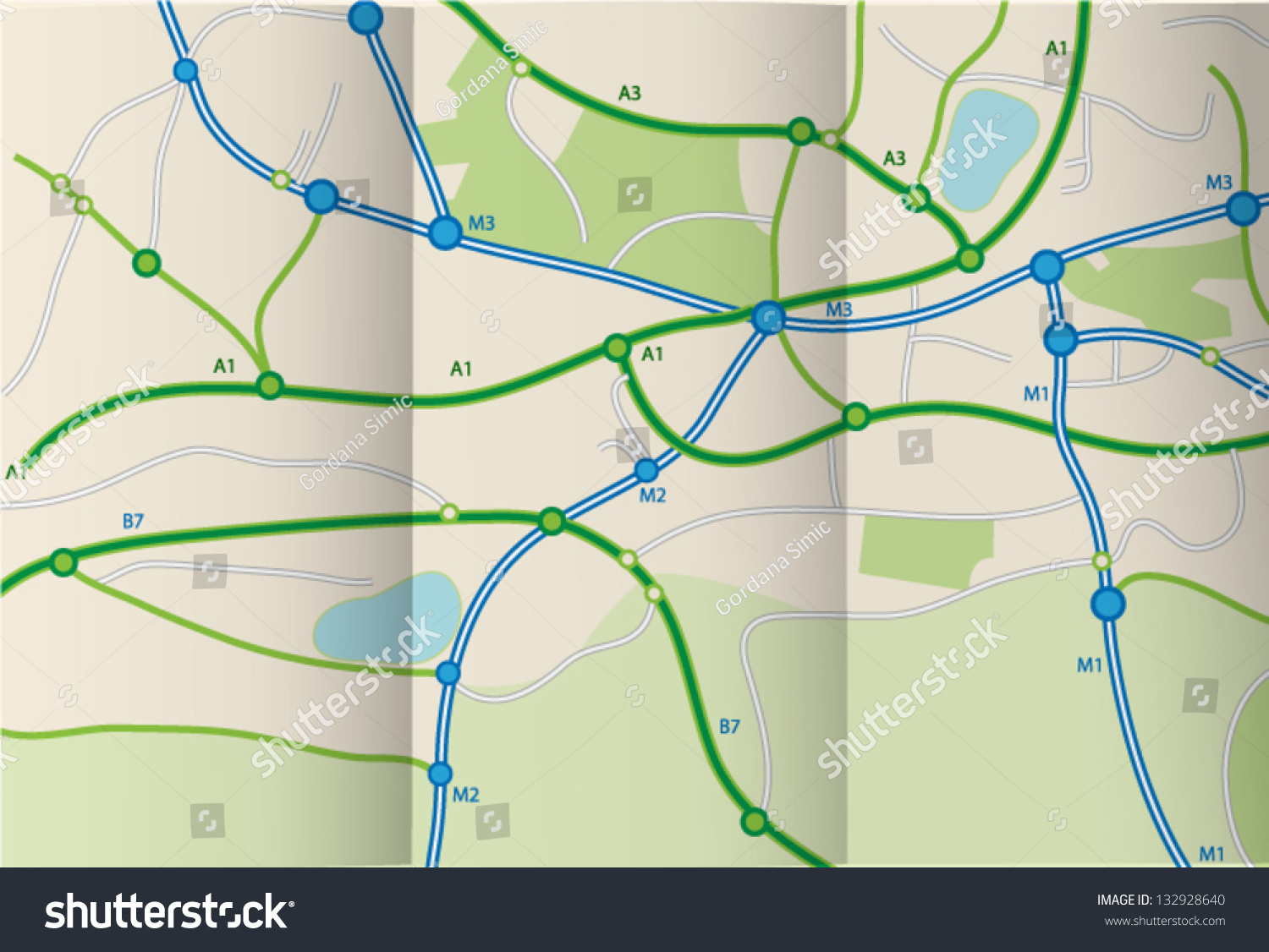 Folded Road Map Stock Vector 132928640 - Shutterstock