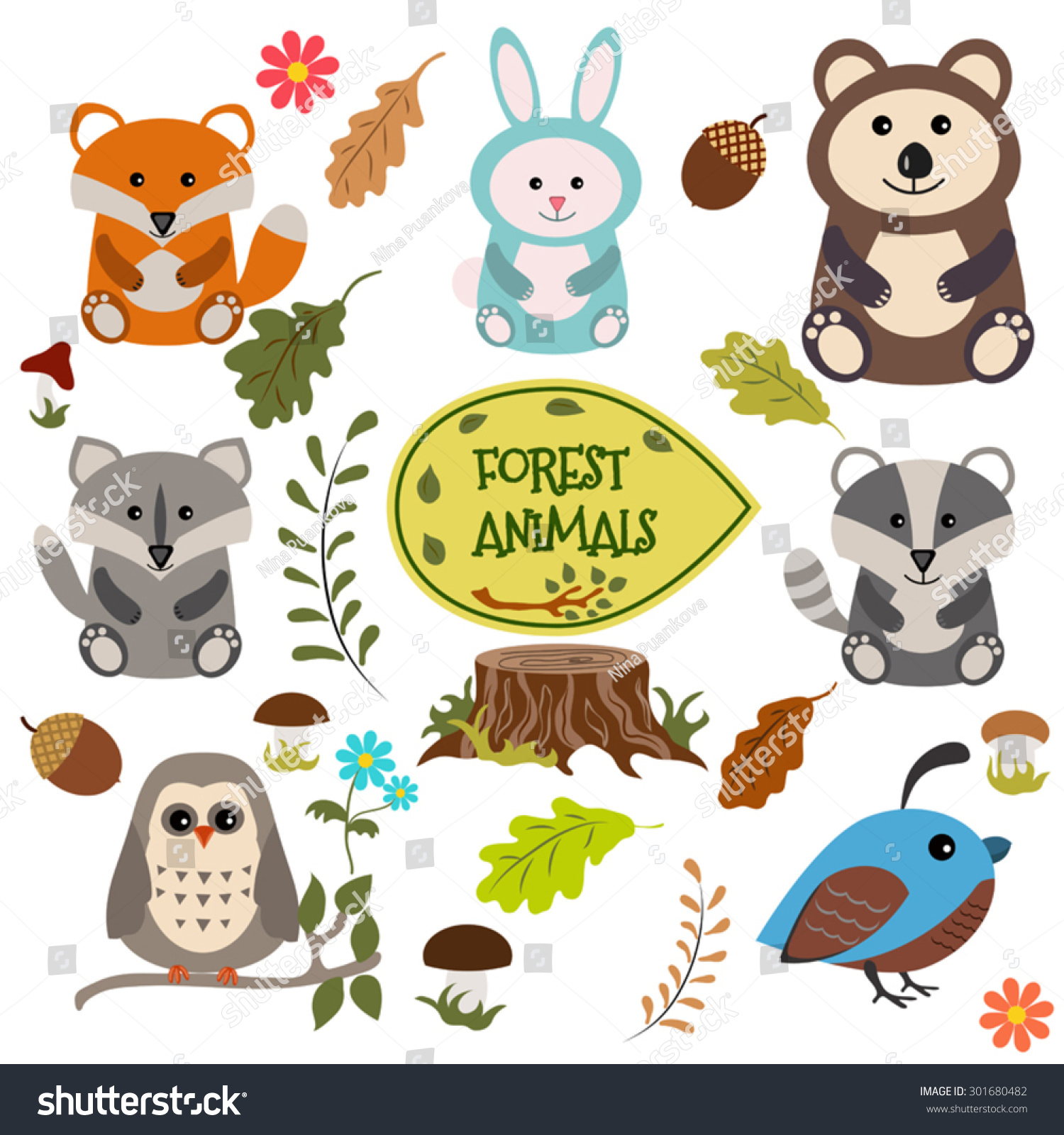 Forest Animals Vector Set Of Icons And Illustrations. - 301680482
