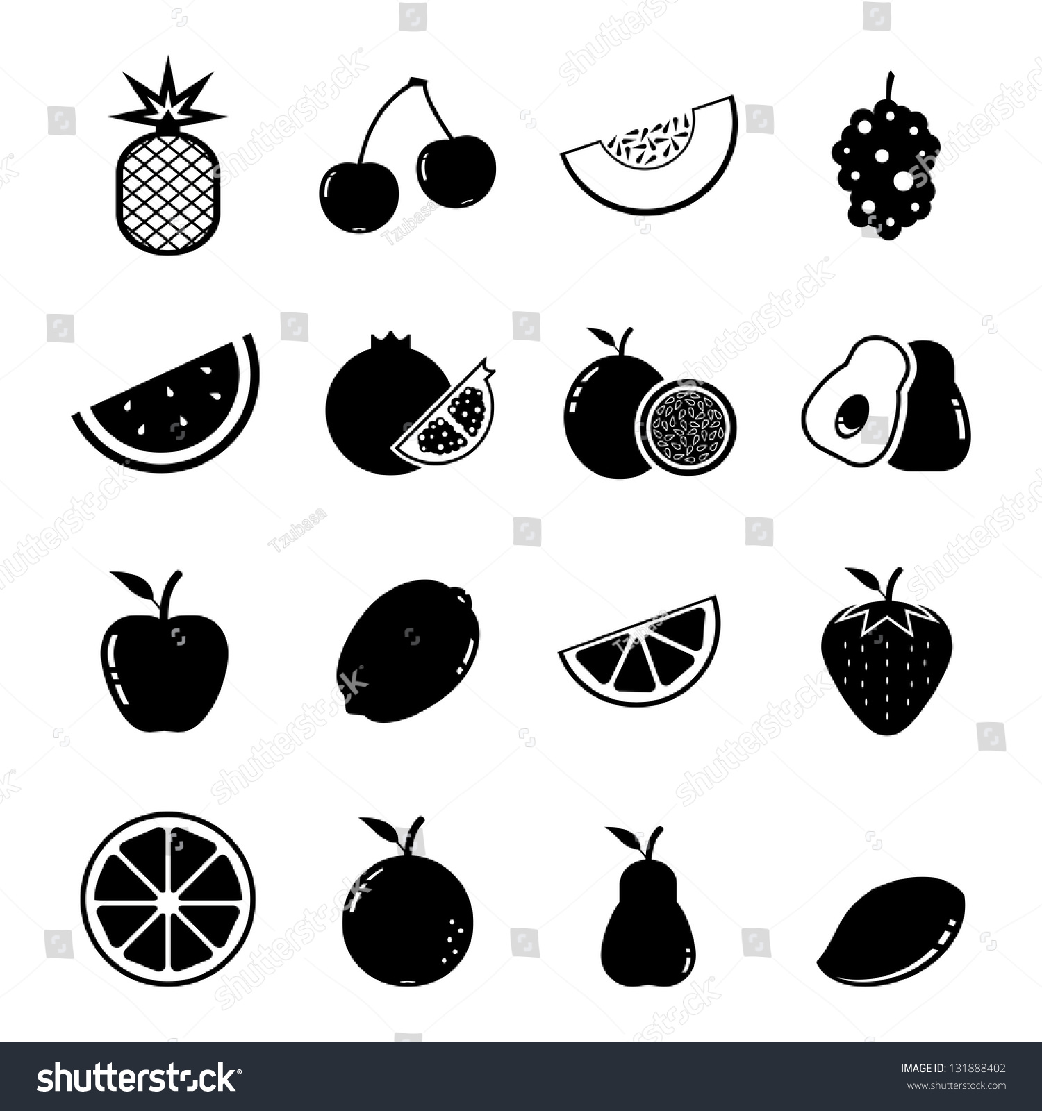 Fruit Icon Set Black And White Stock Vector 131888402 : Shutterstock