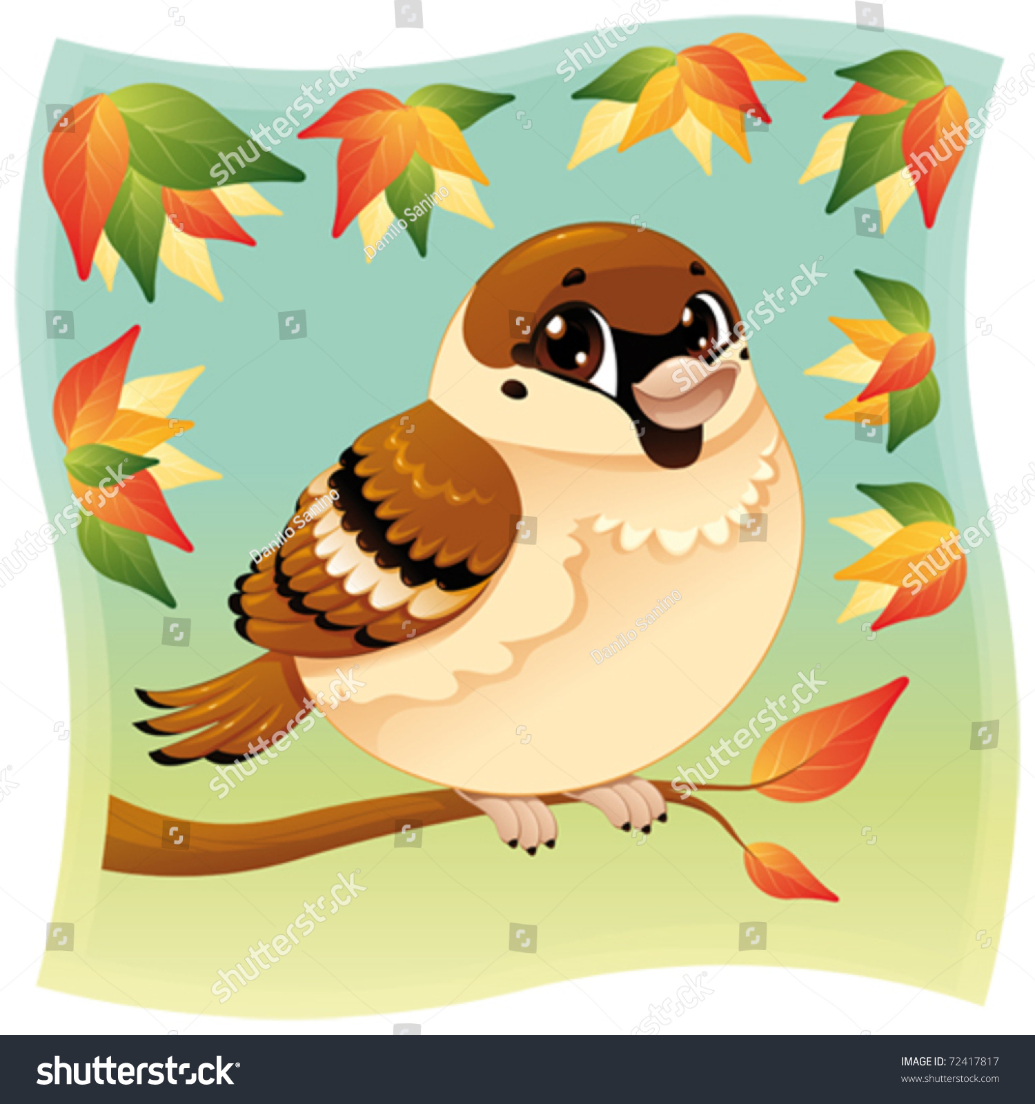 Funny Little Sparrow On A Branch Cartoon And Vector Illustration