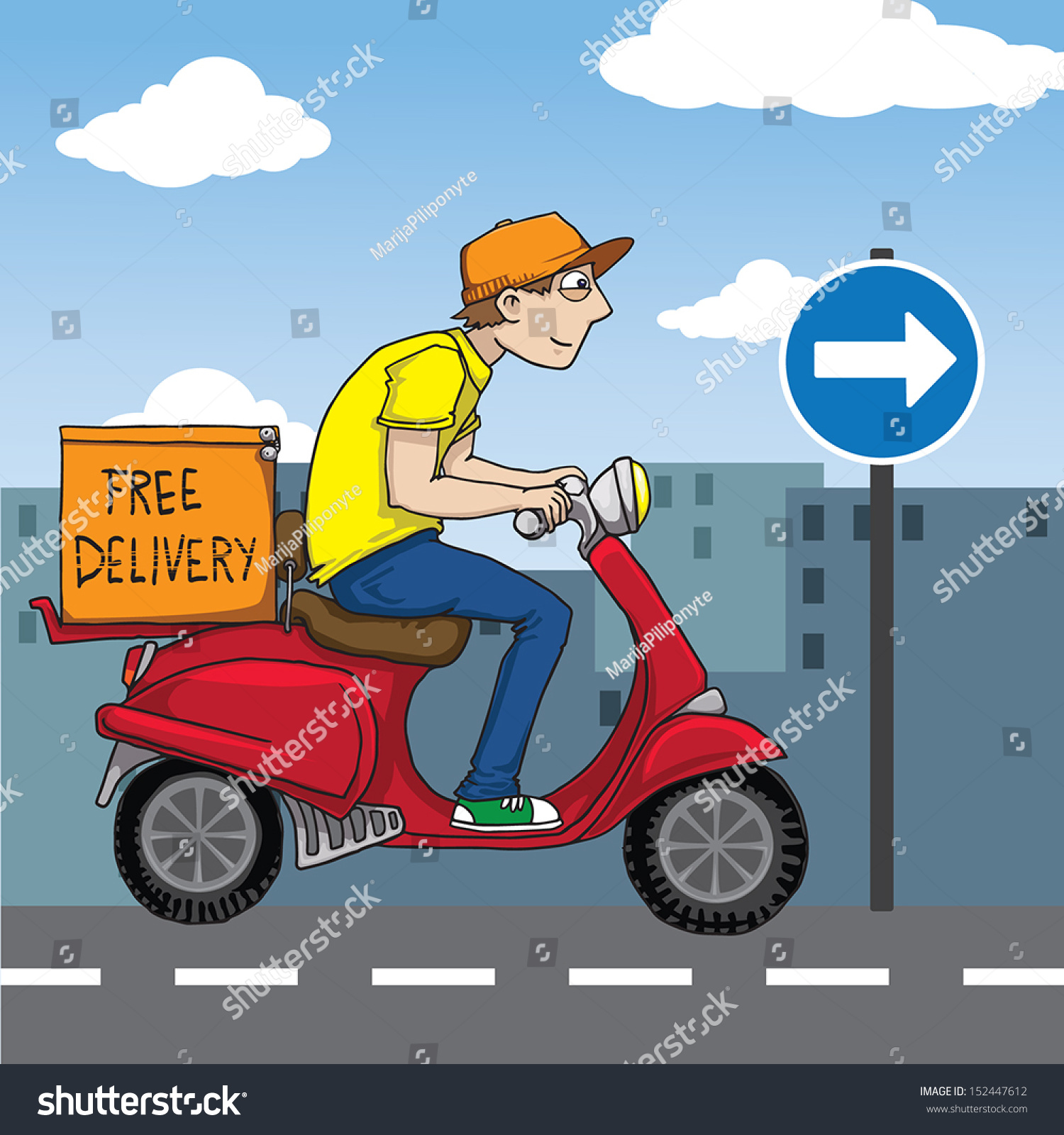 Funny Pizza Delivery Boy Riding Red Motor Bike In City Background Vector Illustration 3104