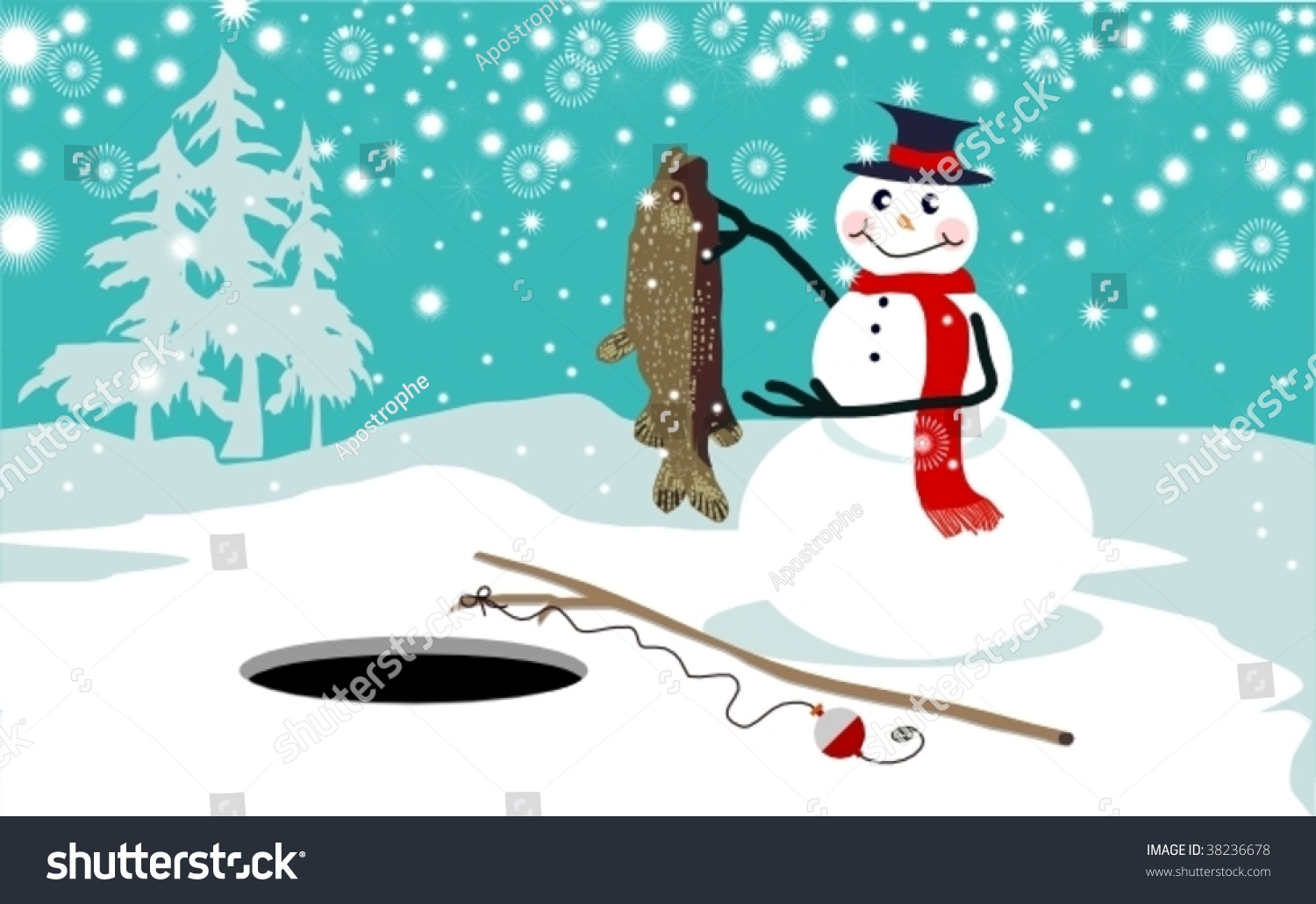 Funny Snowman Ice Fishing Vector - 38236678 : Shutterstock