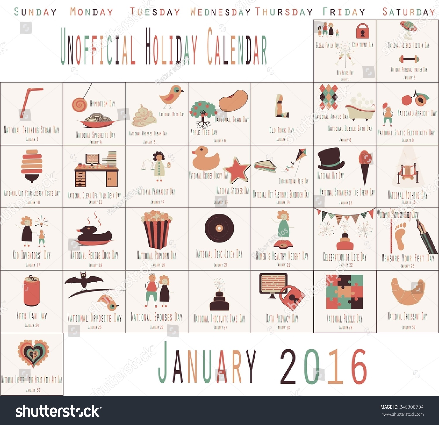 Funny Unofficial Holidays Calendar For January 2016 Stock Vector