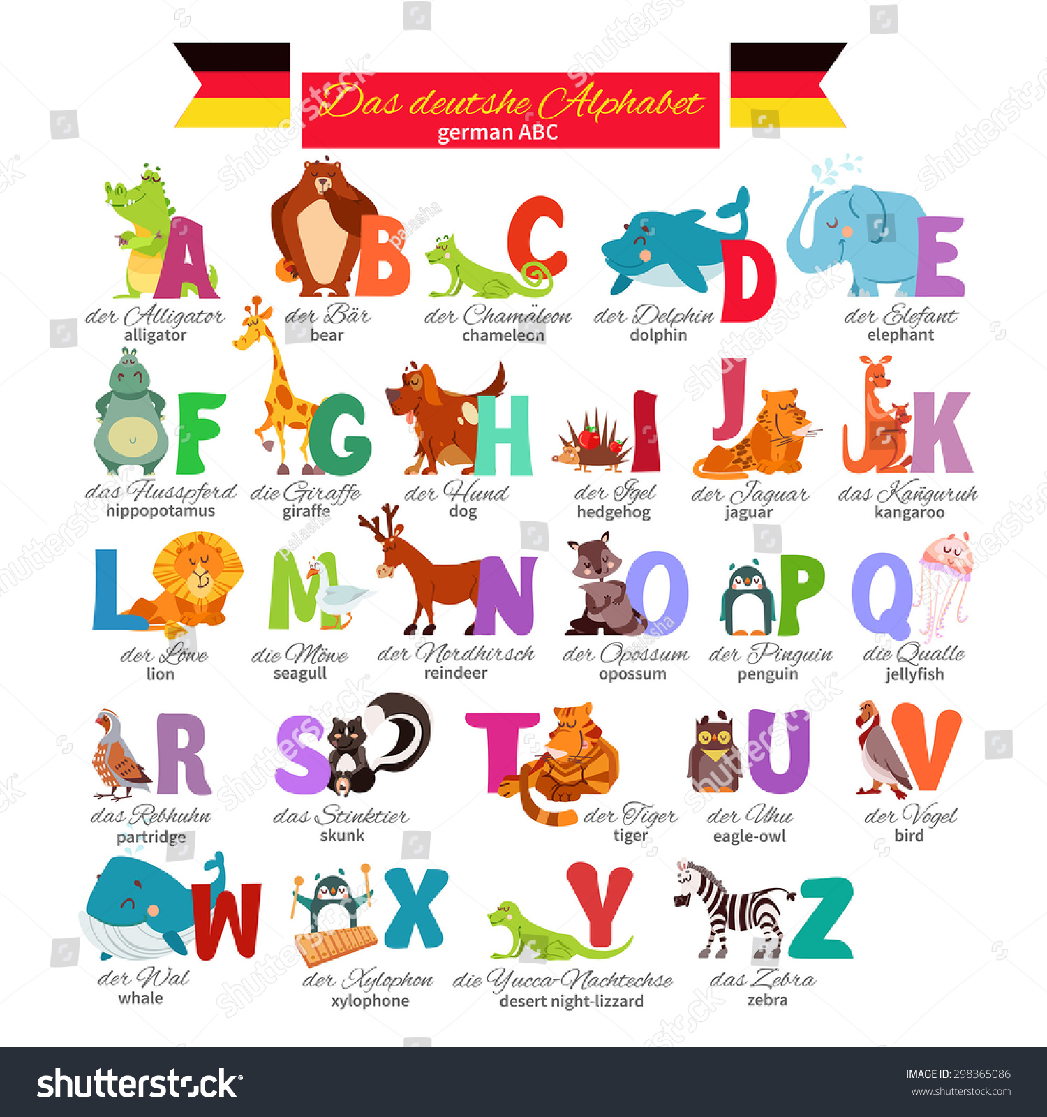 German Illustrated Zoo Alphabet Cute Cartoon Stock Vector ...
