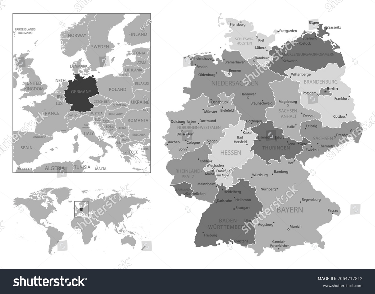 Germany Highly Detailed Black White Map Stock Vector Royalty Free