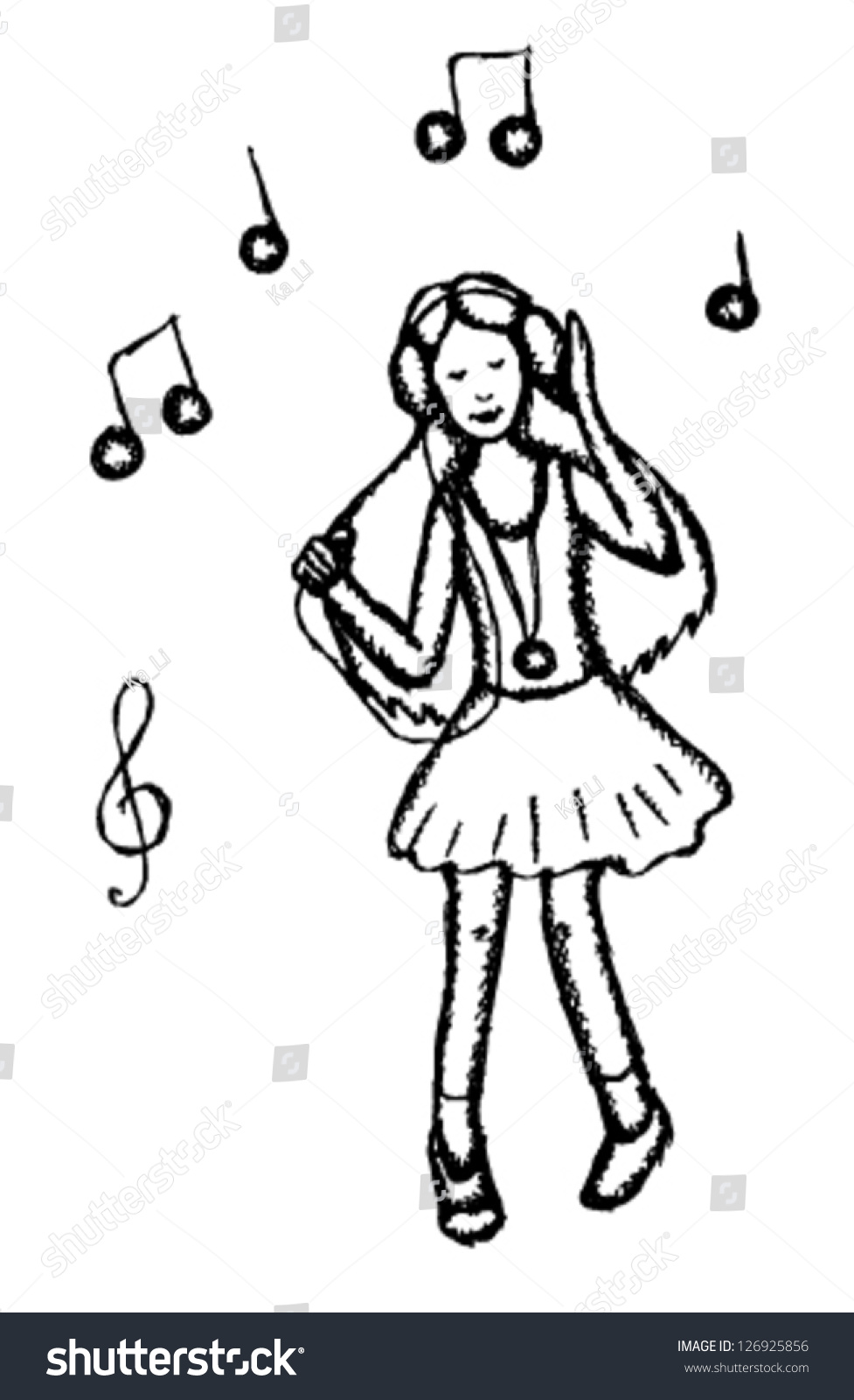 Girl Dancing In Earphones, Vector Sketch Illustration - 126925856
