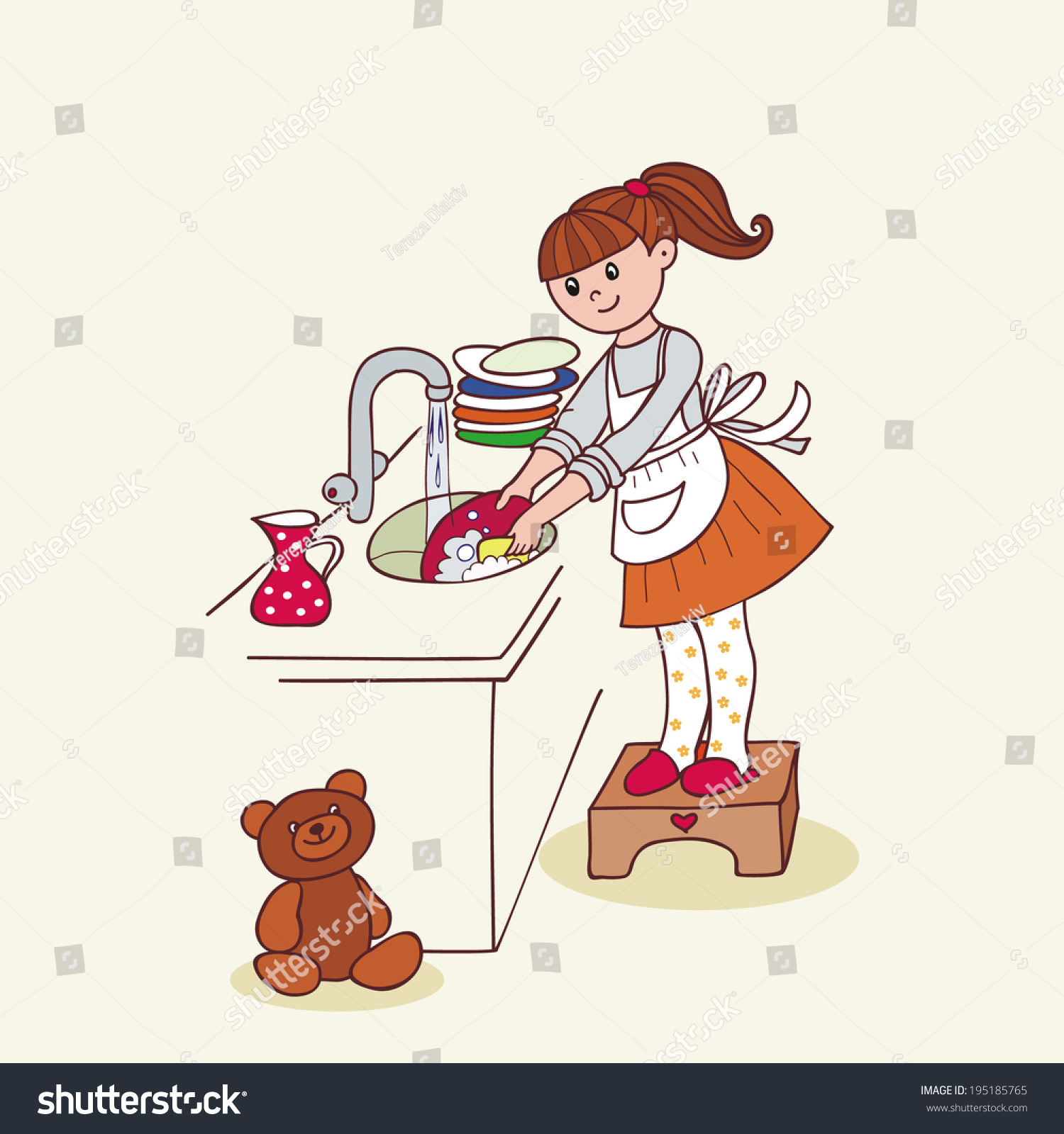 Girl Washes Dishes Vector Illustration Childrens Stock Vector 195185765
