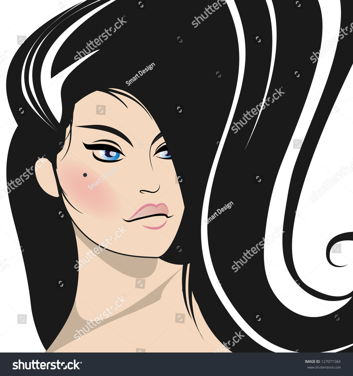 Girl With Black Long Hair On White Background - Vector Illustration