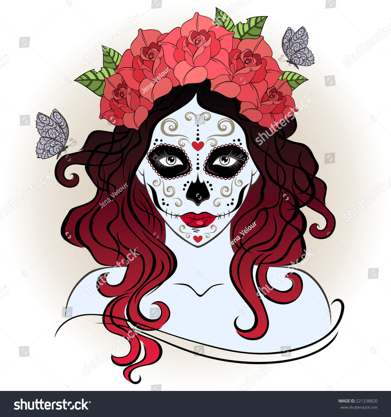 Girl With Sugar Skull Face Paint In The Wreath Of Roses Stock Vector Illustration