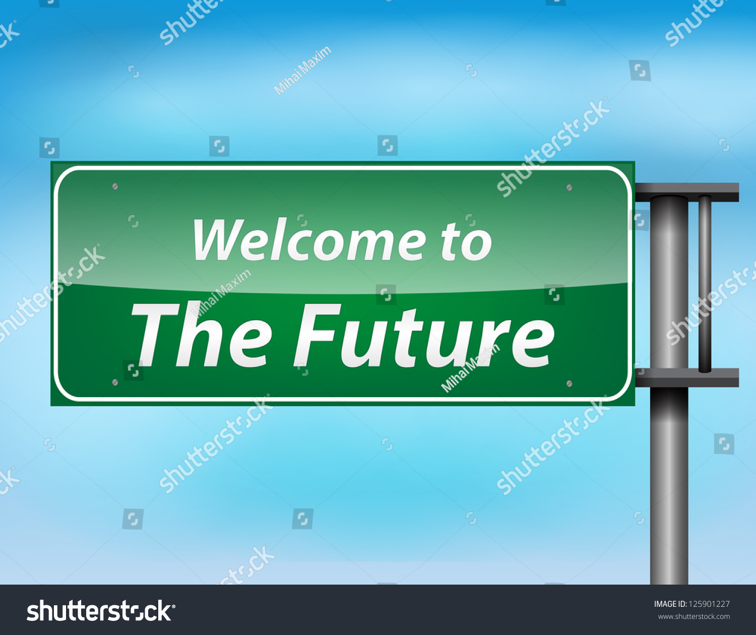 Glossy Highway Sign With Welcome To The Future Text On A Blue