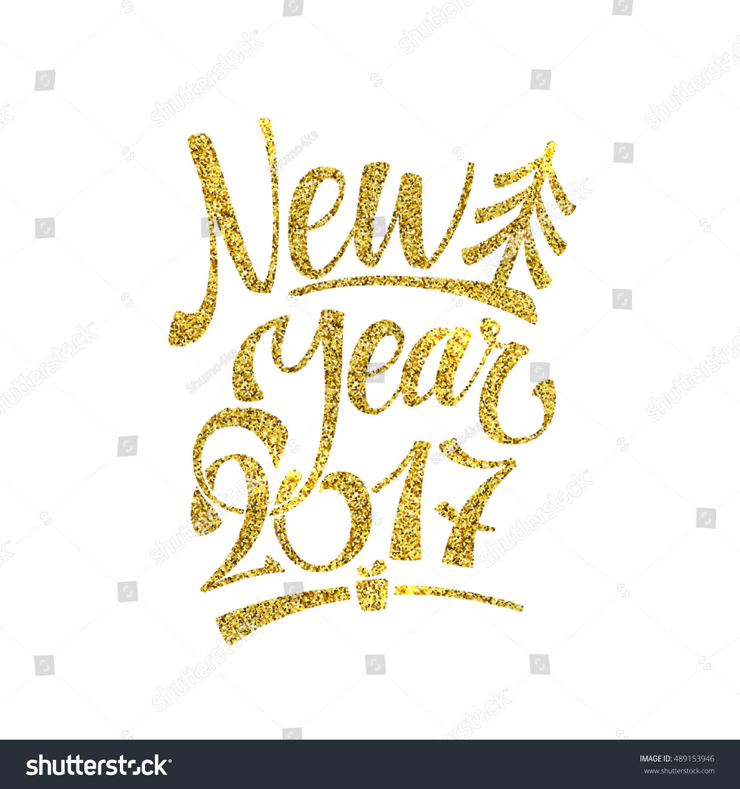 Gold Happy New Year Card. Golden Shiny Glitter. Calligraphy Greeting