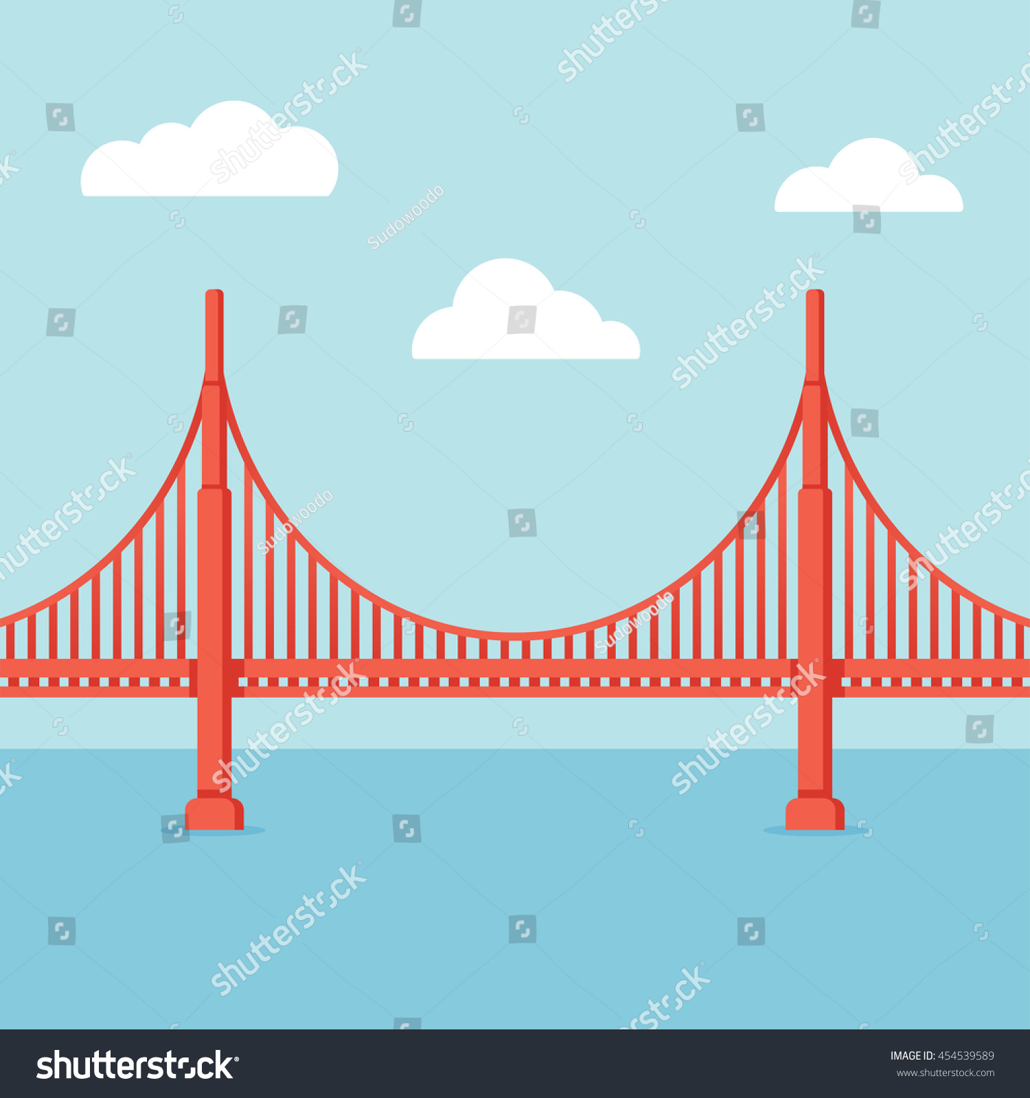 Golden Gate Bridge Illustration. Flat Cartoon Vector Style With Vintage