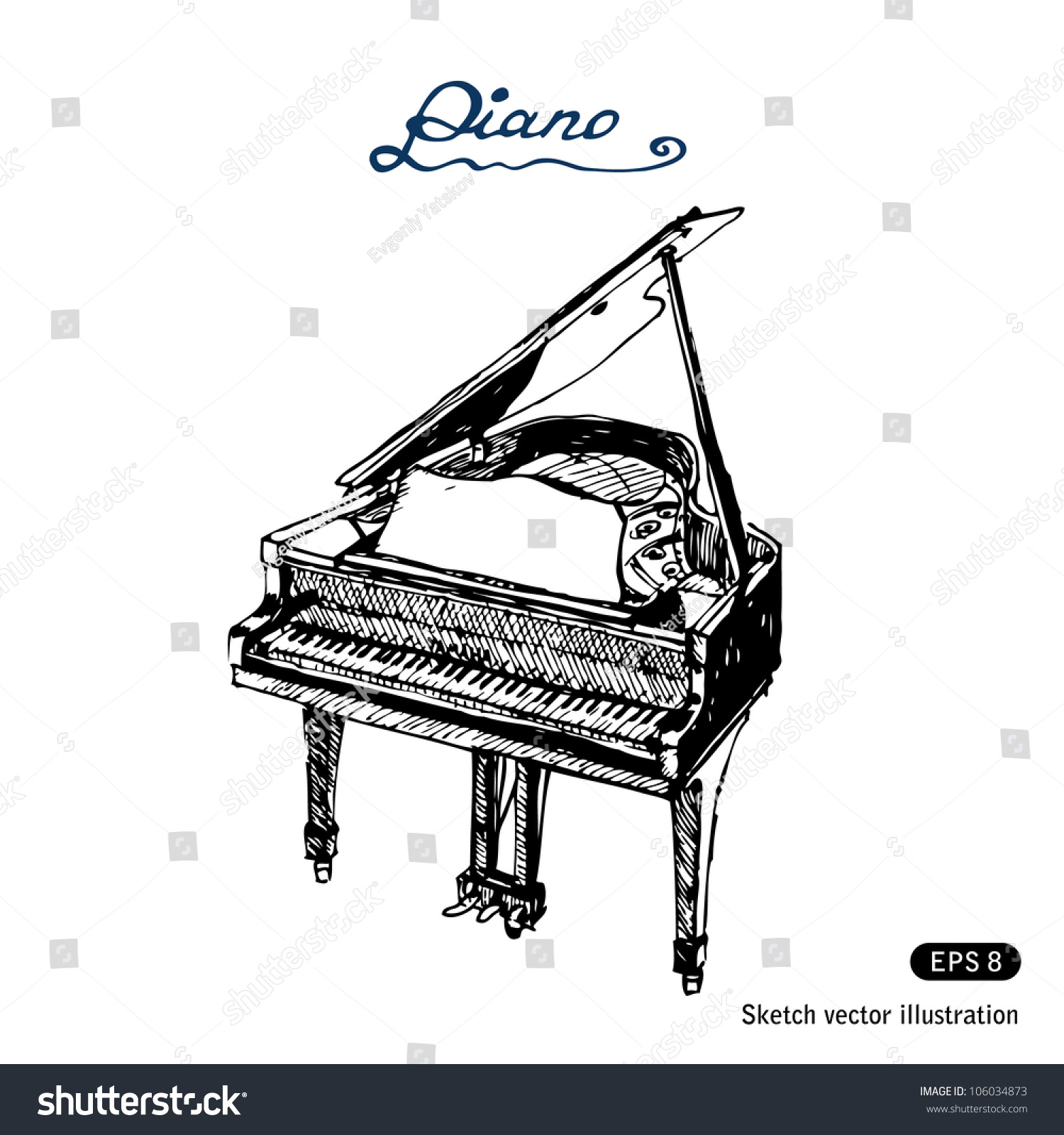 Grand Piano. Hand Drawn Sketch Illustration Isolated On White