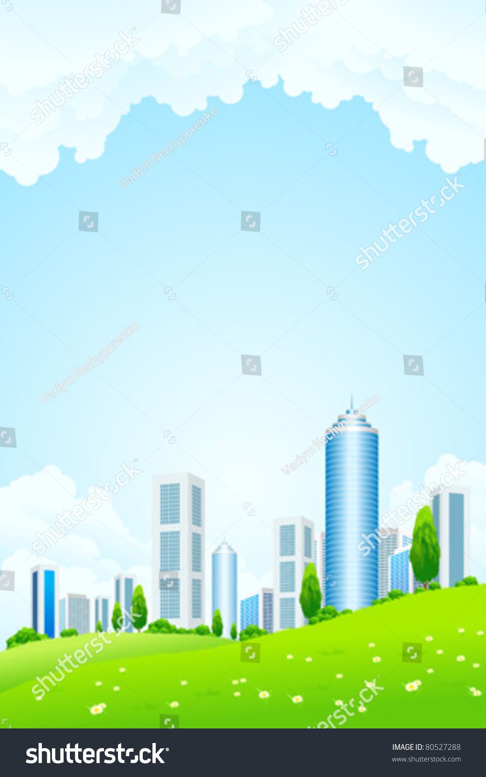 Green Landscape With Tree City And Clouds Stock Vector Illustration
