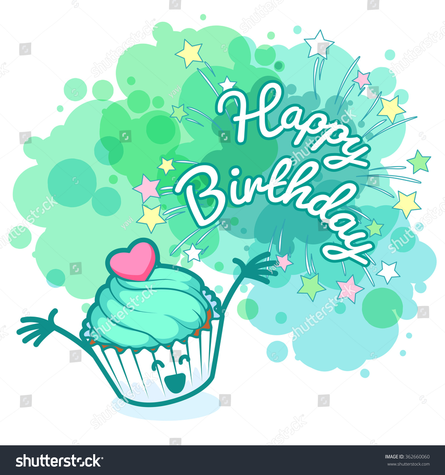 Greeting Card Happy Birthday With Very Happy Cupcake. Turquoise Blobs 