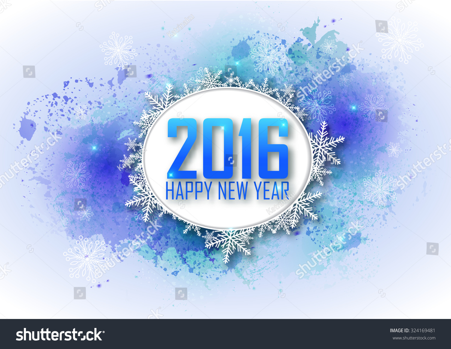 Greeting Card Happy New Year 2016. Blue Water Color Background, Stars, Holiday, Shine