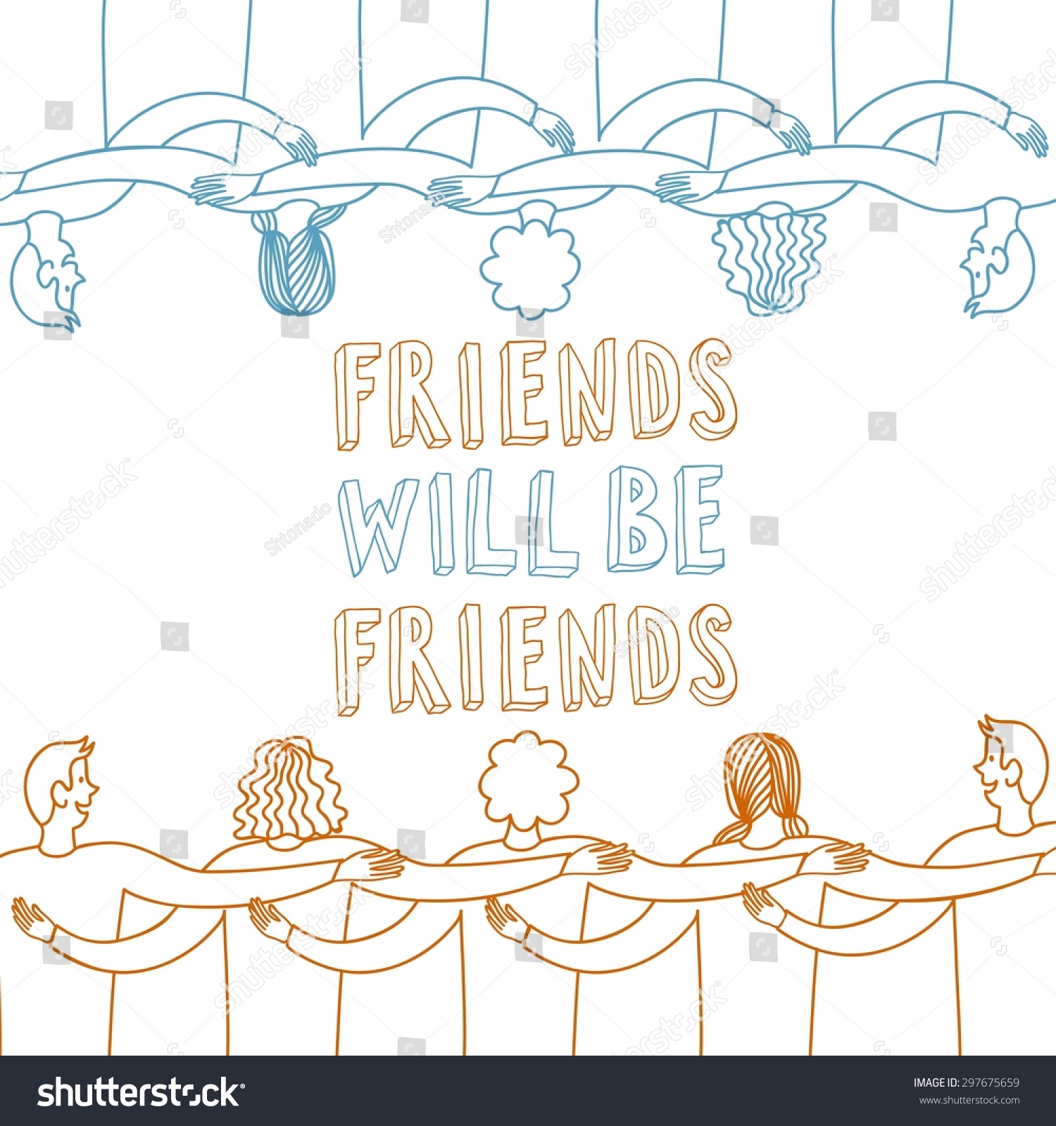 Group Of Happy Friends Doodle Postcard Cartoon Hand Drawn Illustration