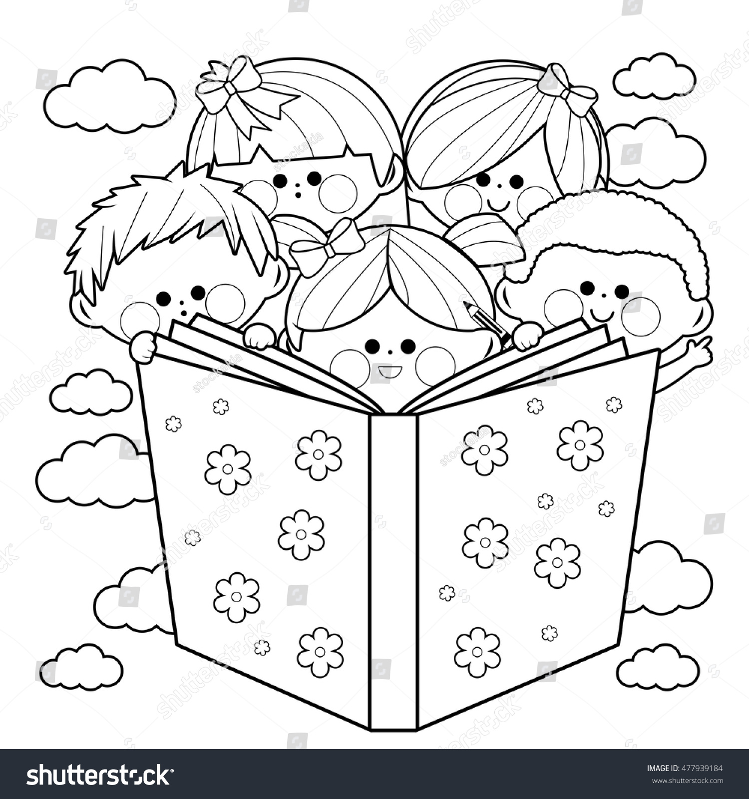 Group Kids Reading Book Coloring Book Stock Vector 477939184 - Shutterstock