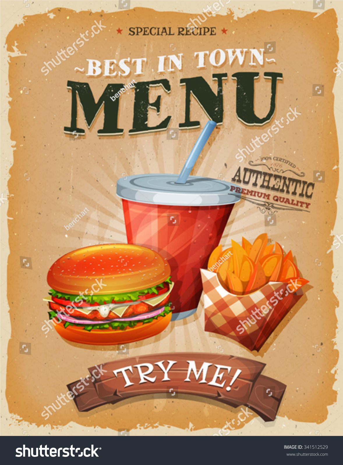 Grunge And Vintage Fast Food Menu PosterIllustration of a design vintage and grunge textured poster with burger cup of soda to drink and french fries icon for fast food snack and takeaway menu Grunge And Vintage Fast Food Menu PosterIllustration of a design vintage and grunge textured poster with burger cup of soda to drink and french fries icon for fast food snack and takeaway menu