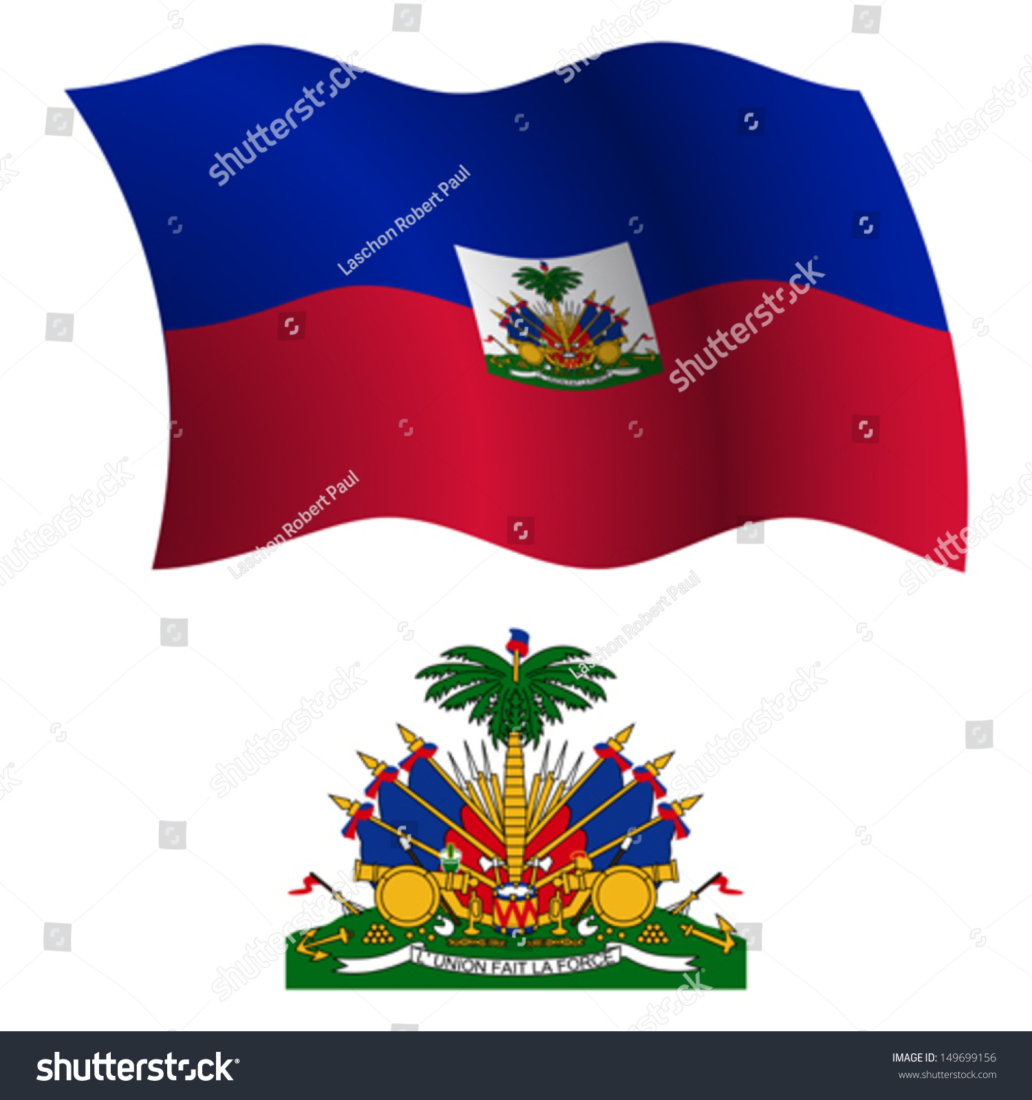 Haiti Wavy Flag And Coat Of Arms Against White Background, Vector Art ...