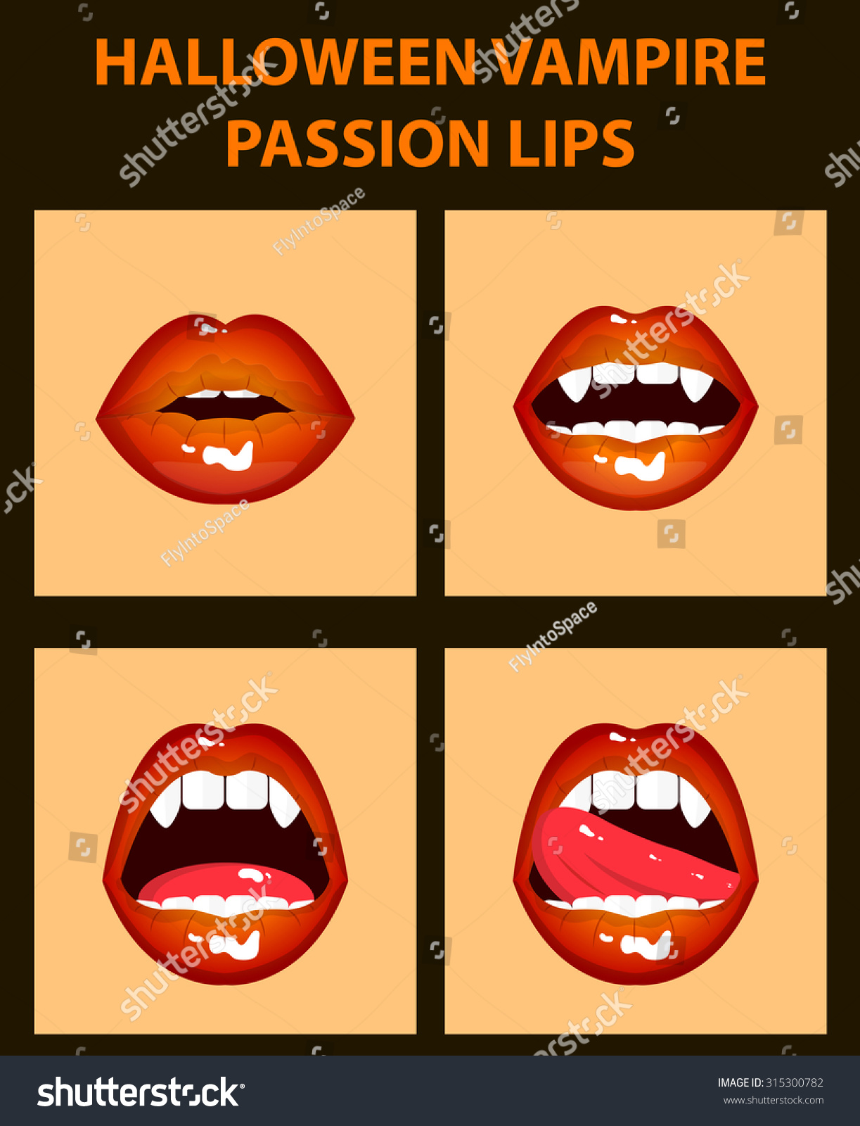 Halloween Vampire Set Of 4 Sexy Open Mouths Tongue Hanging Out Orange Erotic Seductive Lips 4490