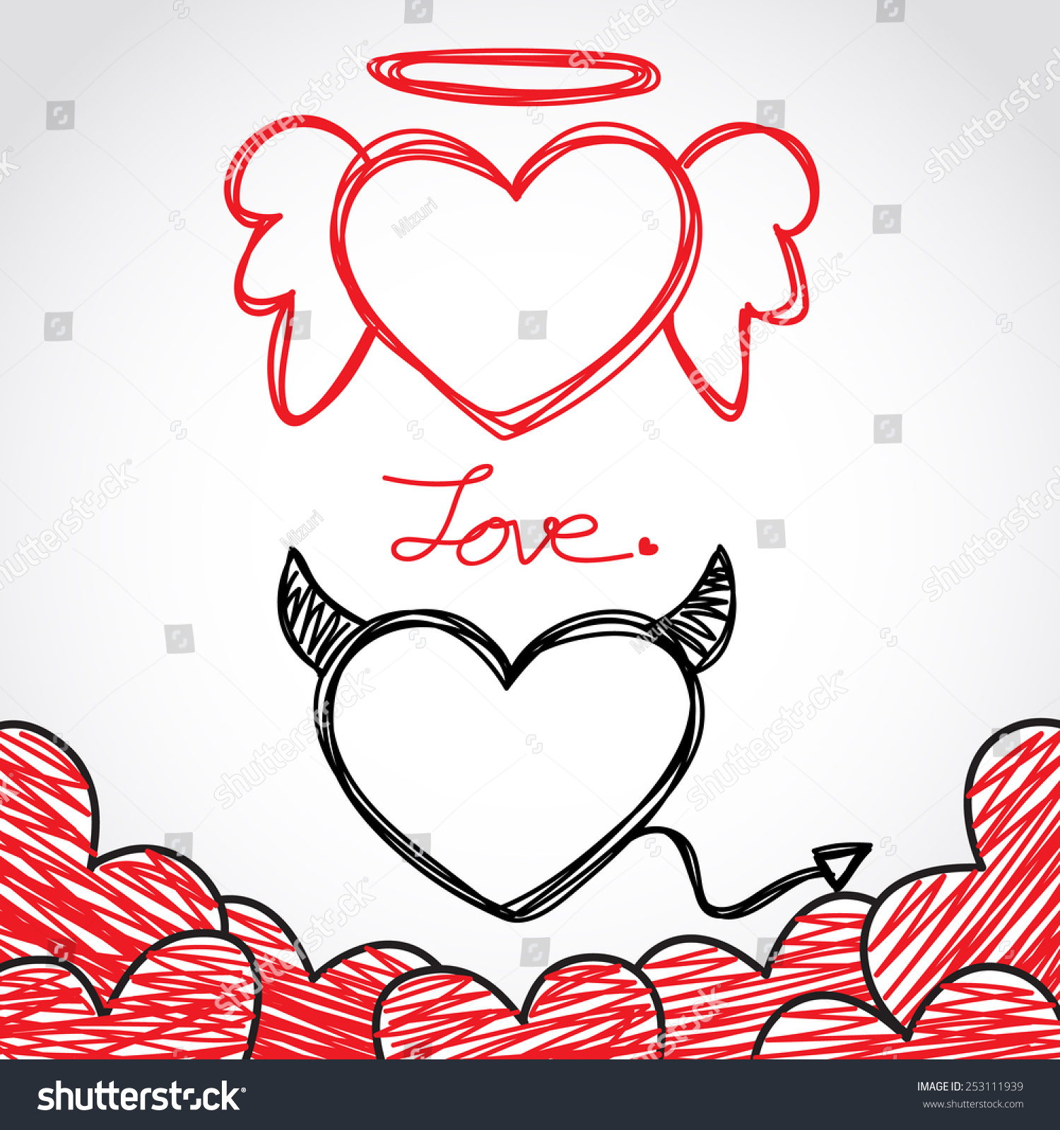 Hand Drawing Angel And Devil Hearts, Valentines Day Card, Vector