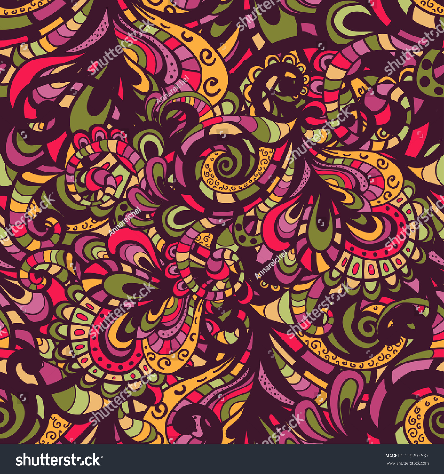 Hand Drawn Abstract Seamless Pattern In Motley Tones. Endless Oriental