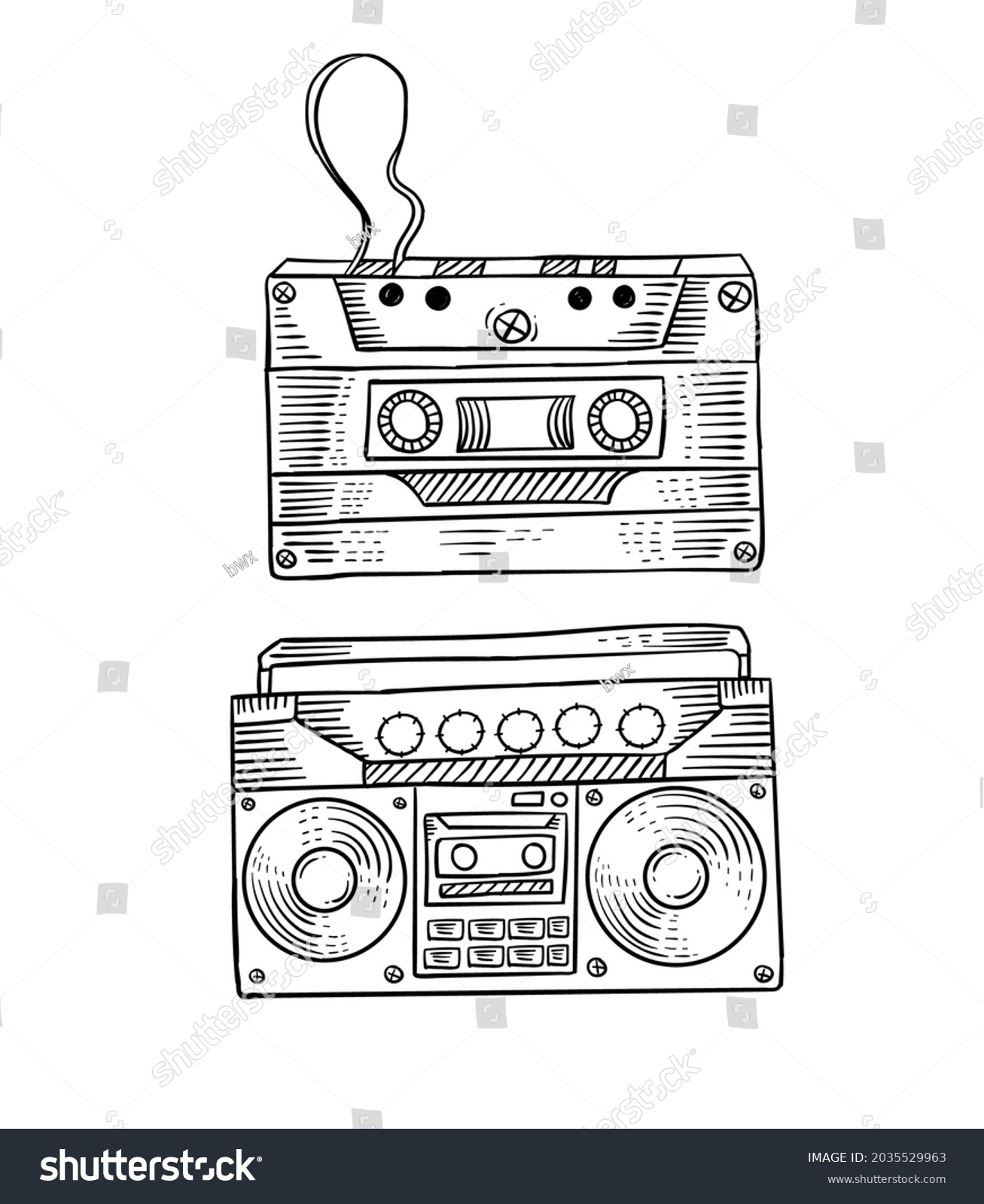 Hand Drawn Cassette Tape Radio Line Stock Vector Royalty Free