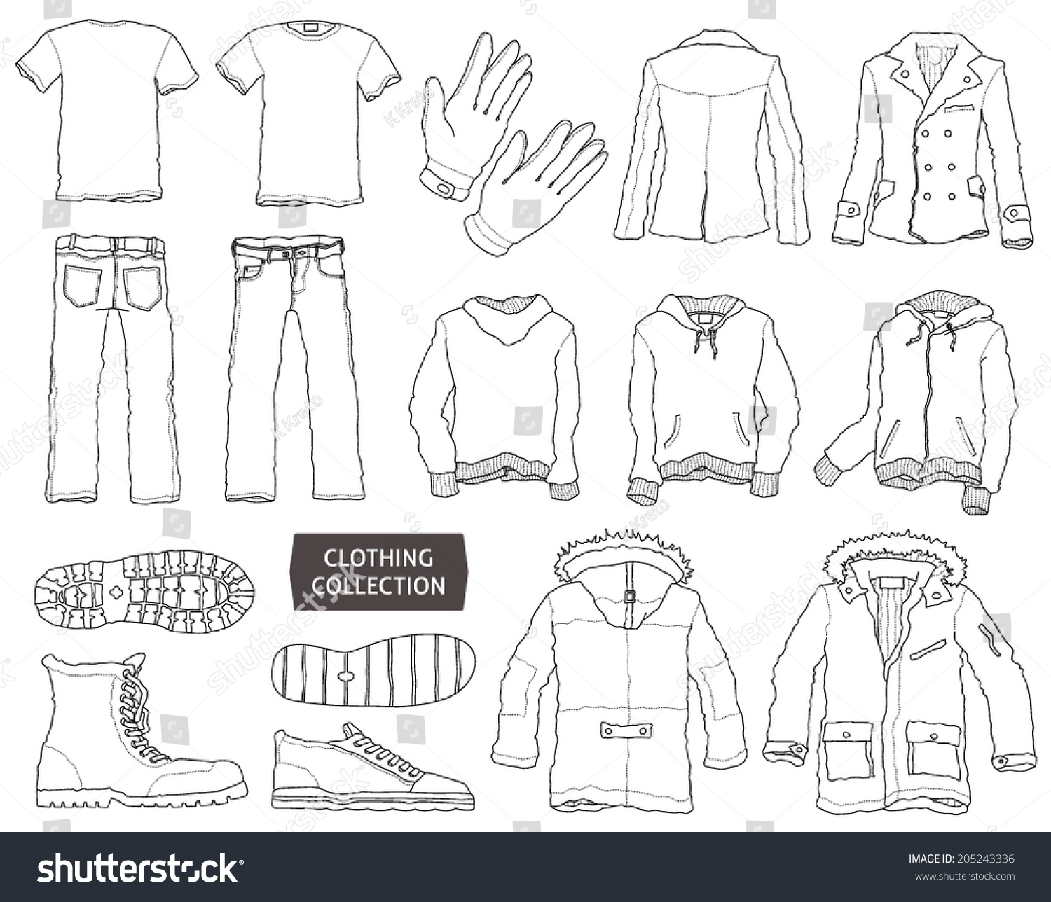 Hand-Drawn Clothes Collection. Line Art Vector Graphics Set