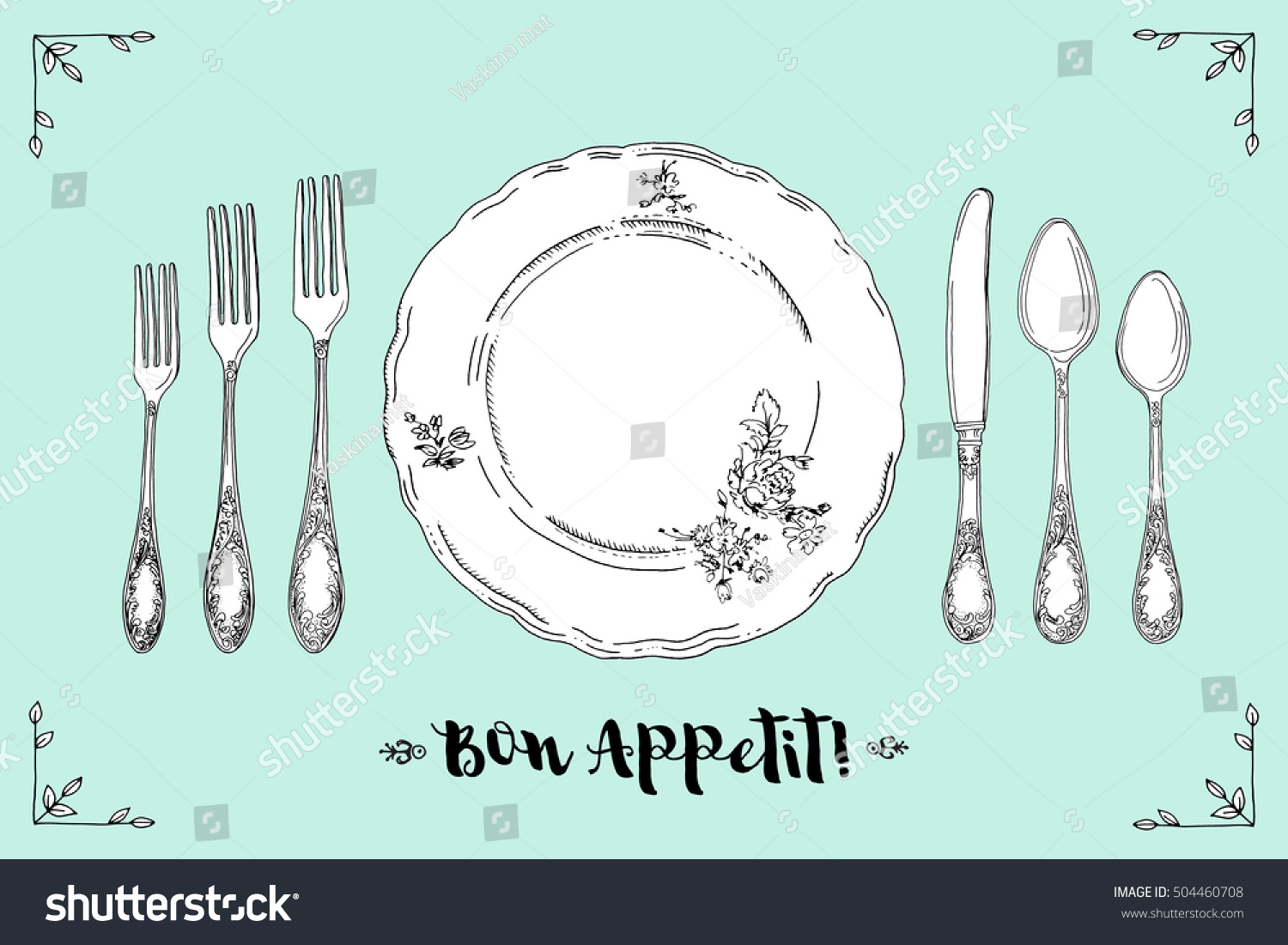 Hand drawn illustration of curly ornamental silver tableware plate a turquoise background Table setting set Hand drawn design element Sketch vintage Vector Illustration Hand drawn illustration of curly ornamental silver tableware plate a turquoise background Table setting set Hand drawn design element Sketch vintage Vector Illustration