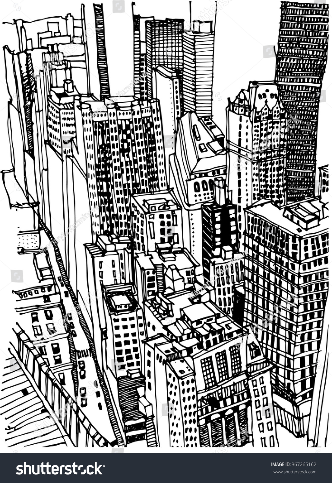 Hand Drawn Ink Line Sketch New York City, Manhattan Skyscrapers