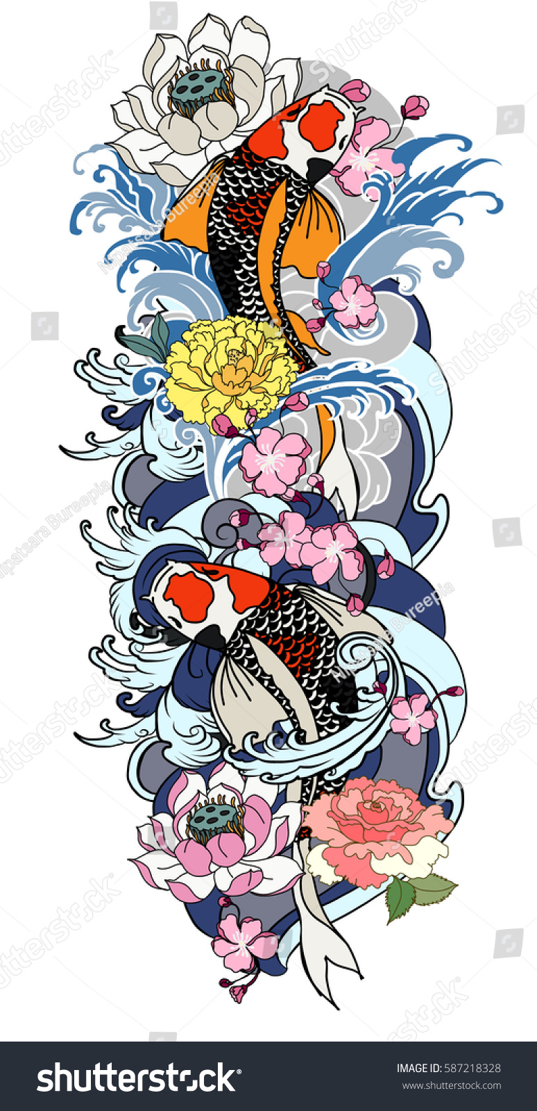 Hand Drawn Koi Fish Flower Tattoo Stock Vector Royalty Free