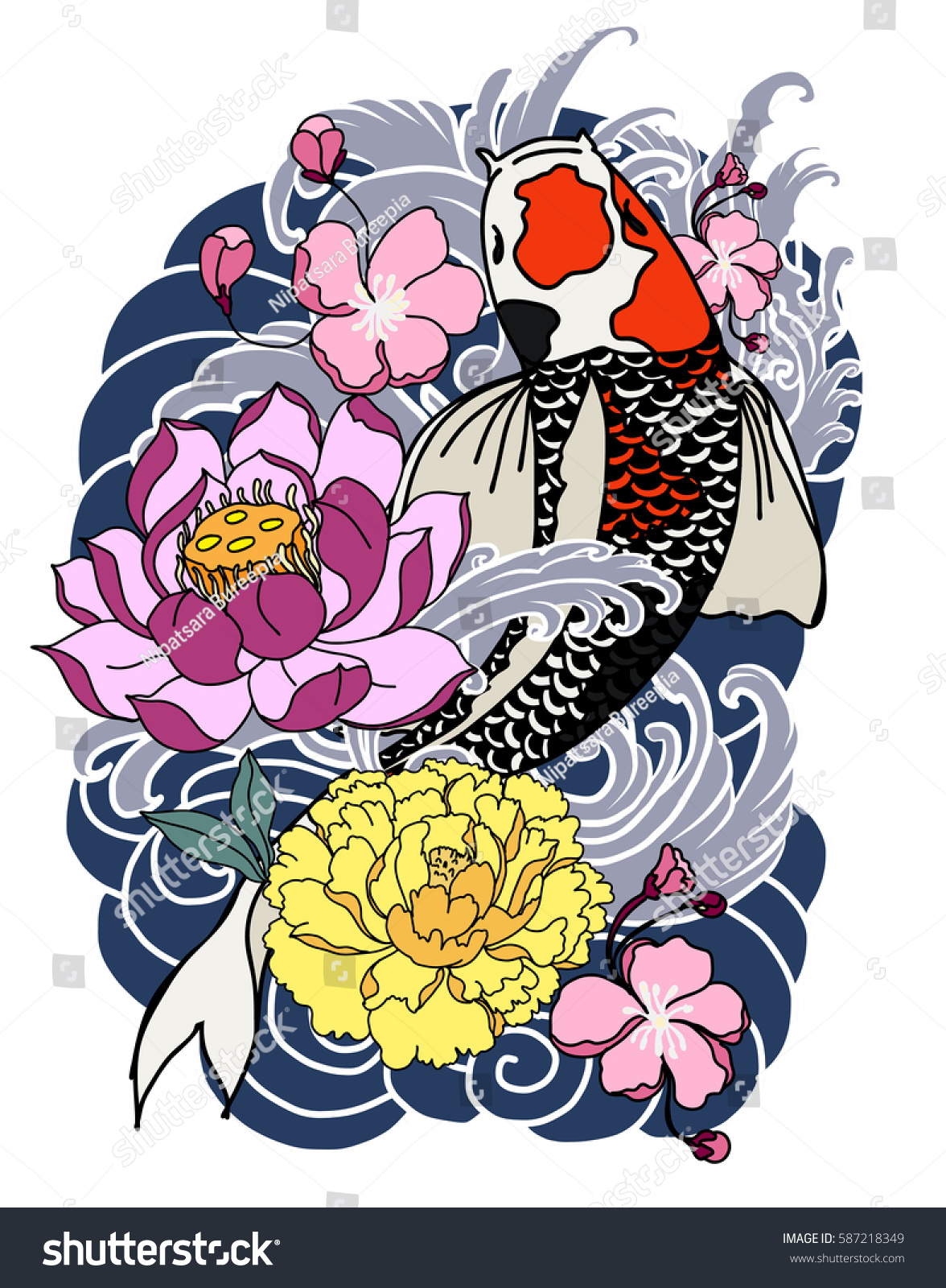 Hand Drawn Koi Fish Flower Tattoo Stock Vector Royalty Free