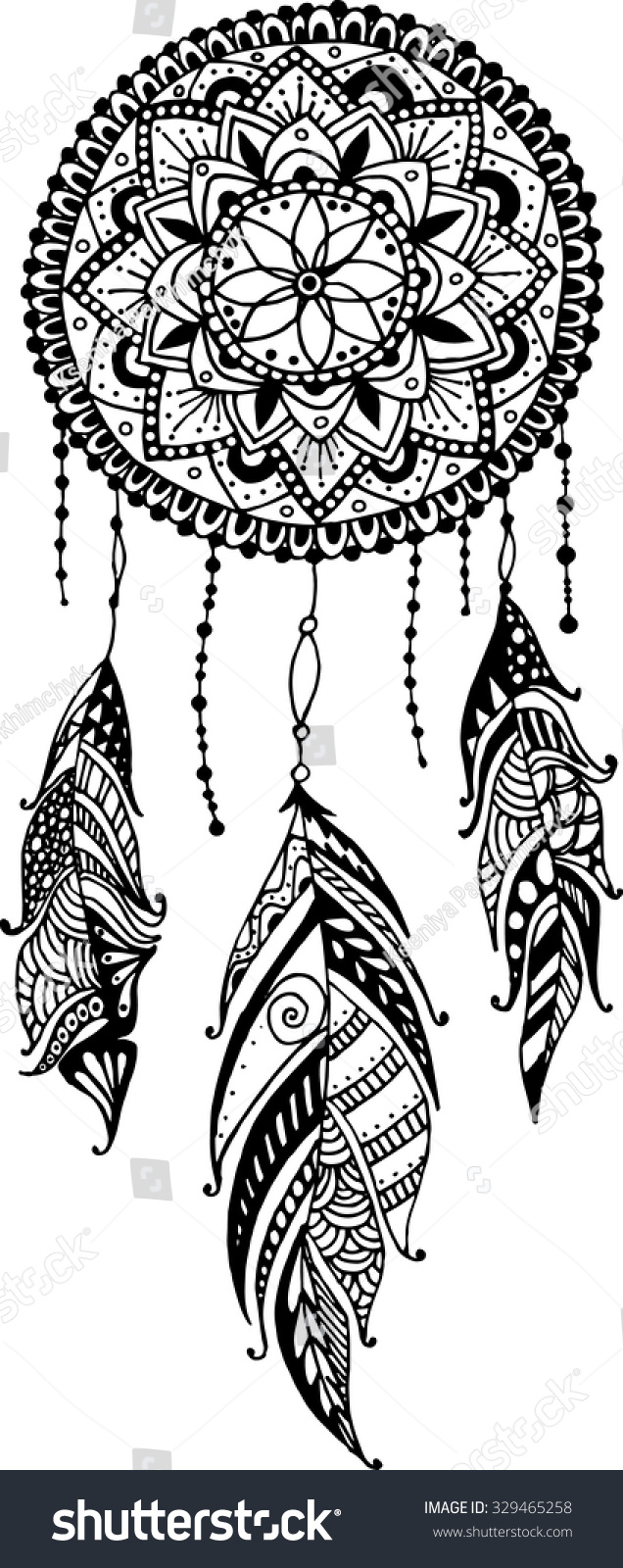 hand drawn mandala with ink dreamcatcher with feathers hand drawn mandala with ink dreamcatcher with feathers