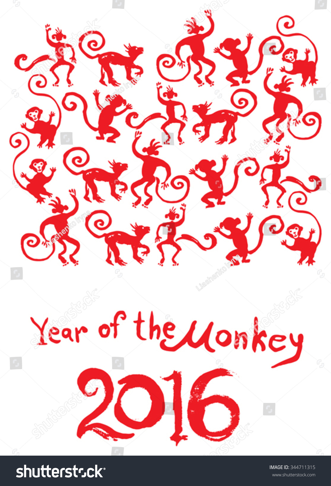 Hand Drawn Monkey. 2016 New Year Chinese Zodiac Signs, Silhouettes Red