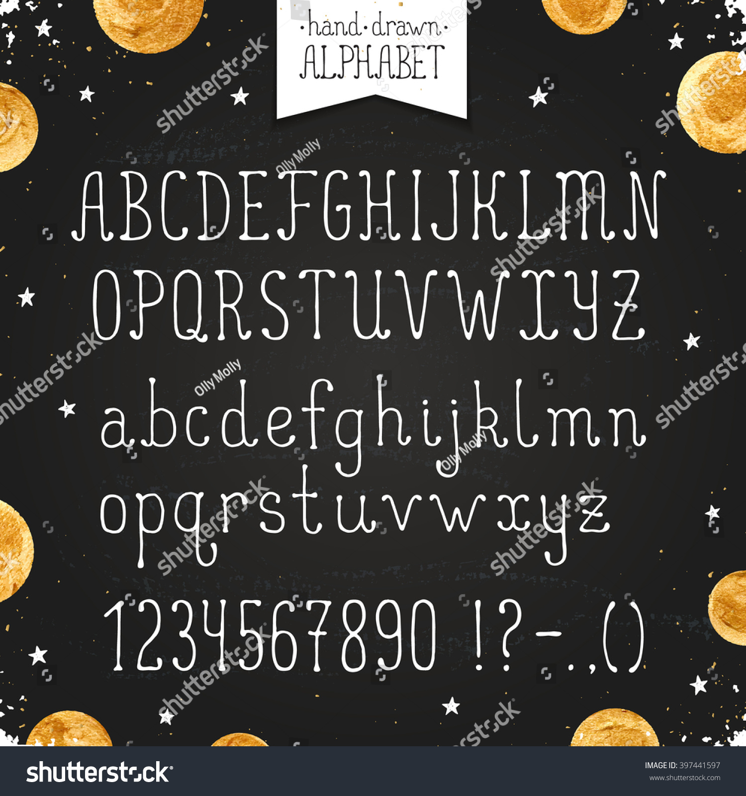 stock vector hand drawn narrow alphabet uppercase and lowercase thin letters and numbers written on chalkboard 397441597