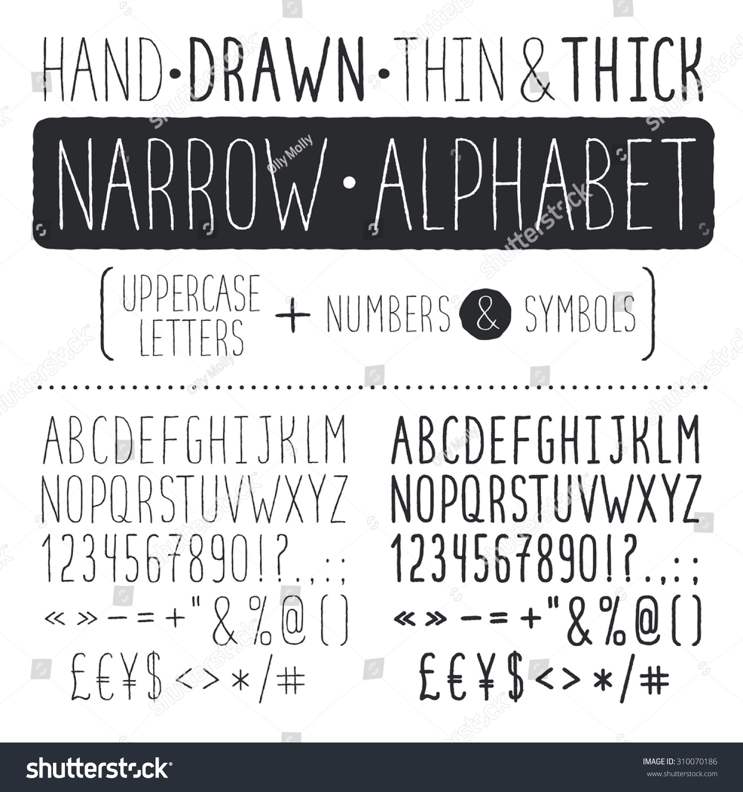 Hand Drawn Narrow Alphabet Uppercase Tall And Thin Letters And Symbols