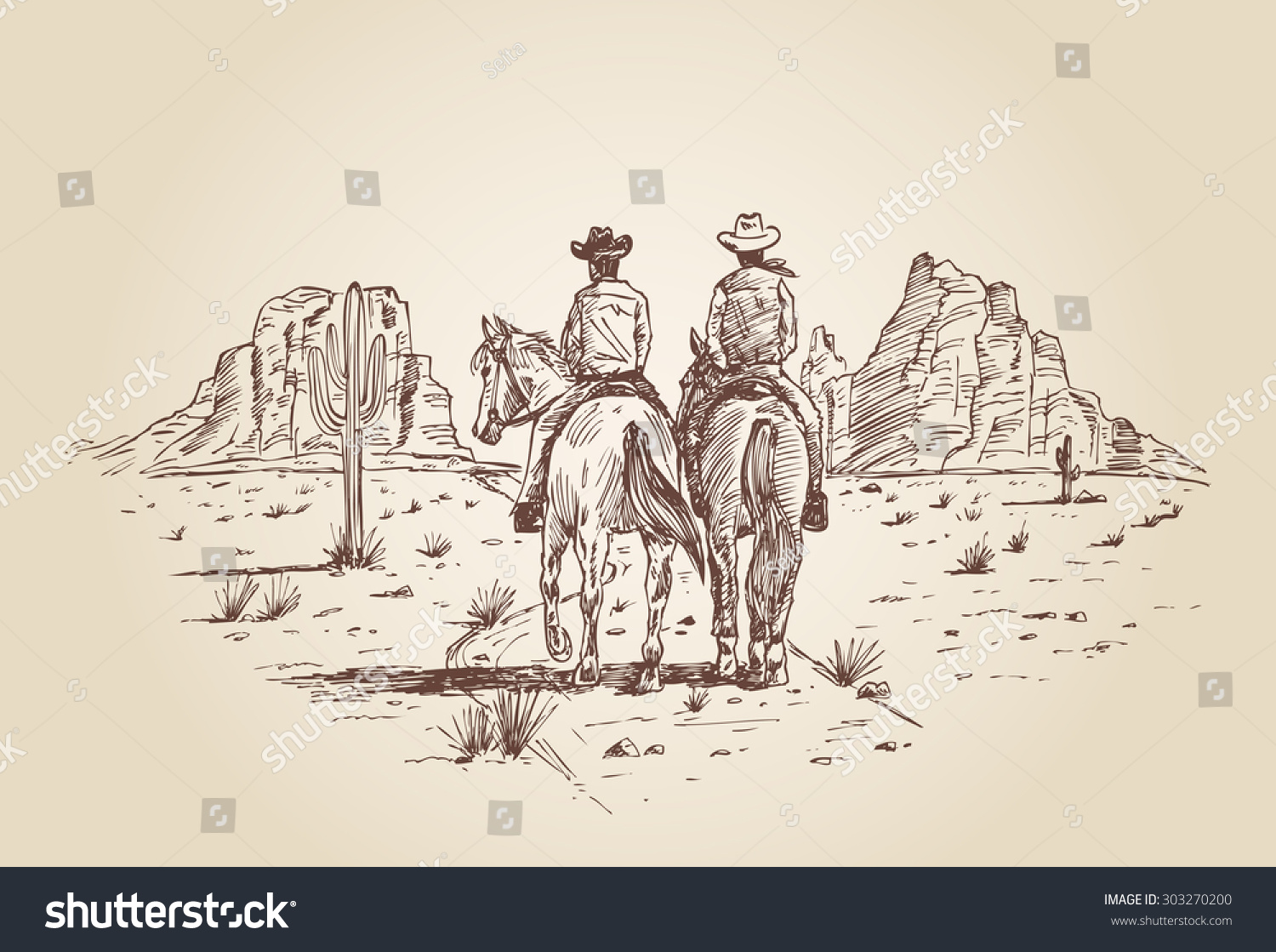 Hand Drawn Two Cowboys Riding Horses Stock Vector 303270200 Shutterstock