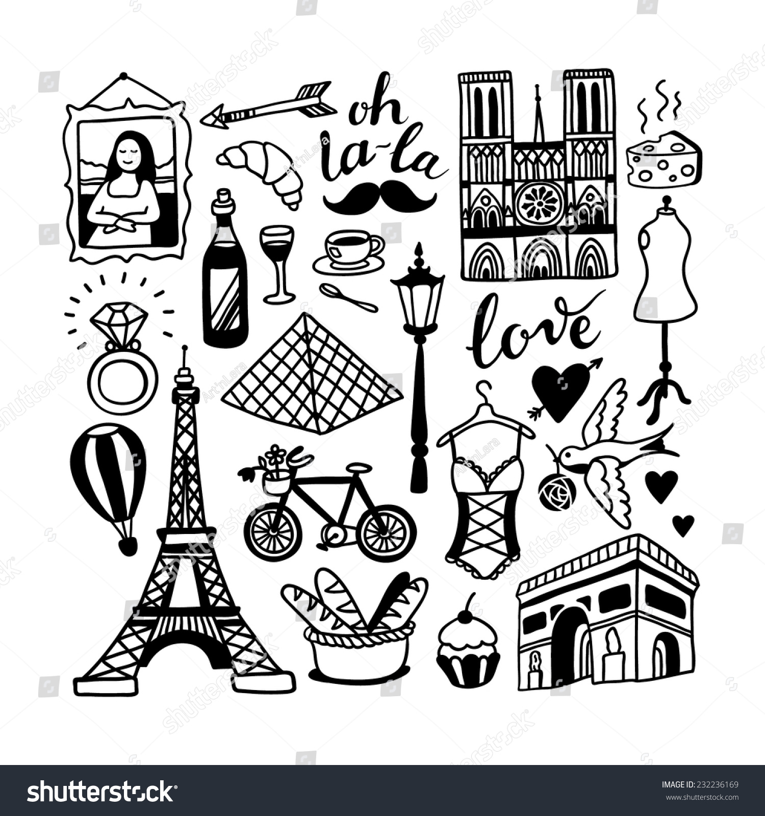 Hand Drawn Paris Doodles Ilustración vectorial en stock 232236169