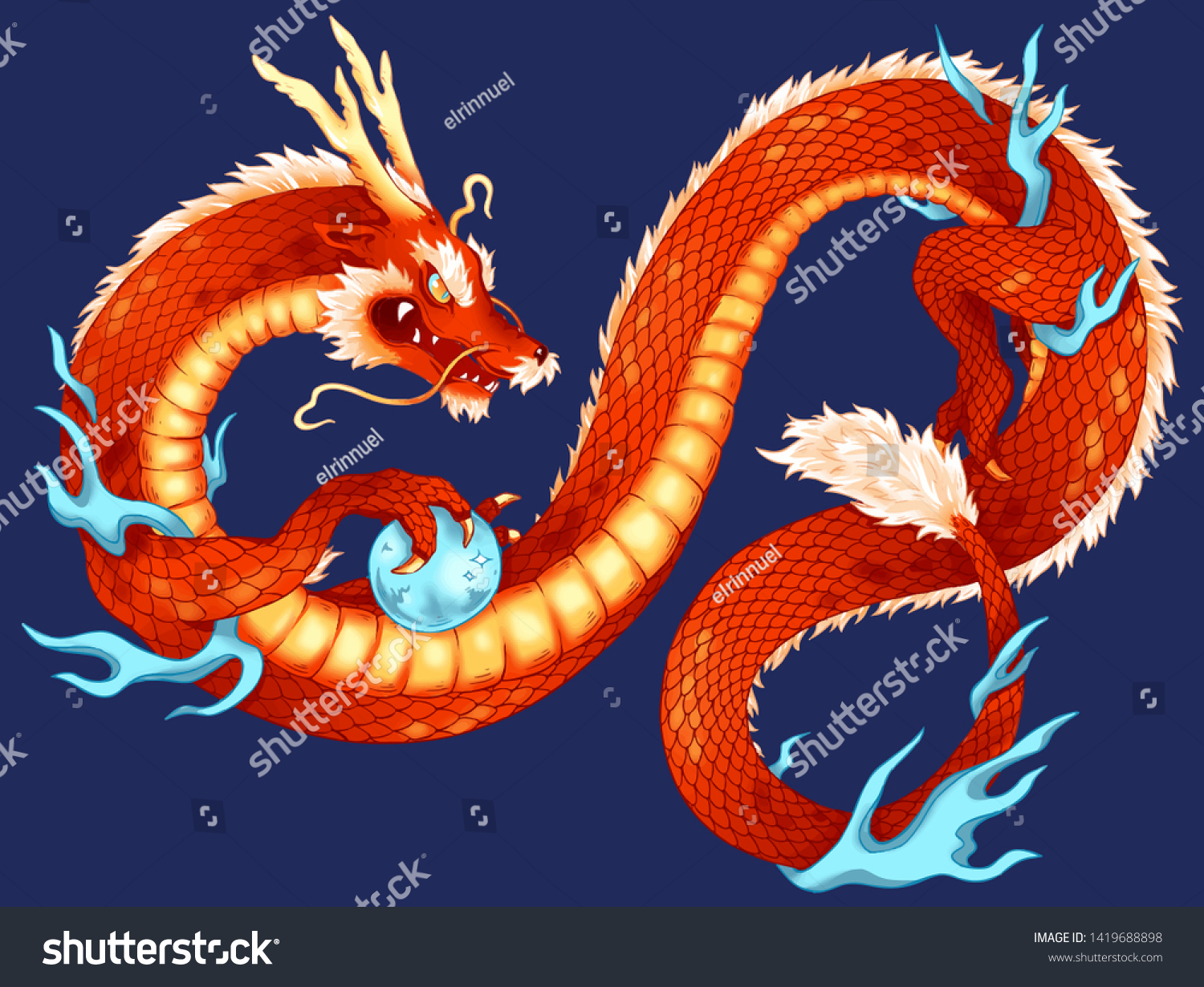 Hand Drawn Red Chinese Dragon Pearl Stock Vector Royalty Free 1419688898