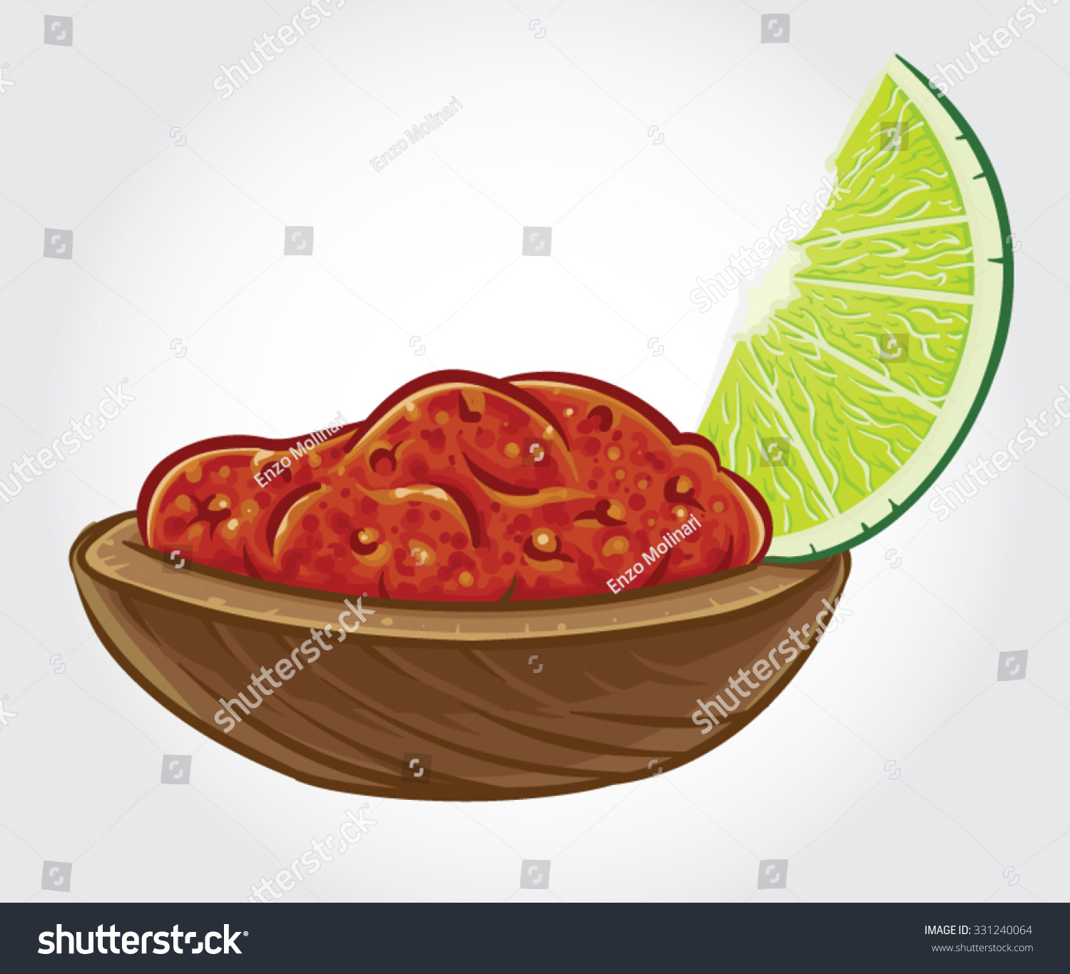 Hand Drawn Vector Illustration Of Salsa Dipping In A Bowl With Lime