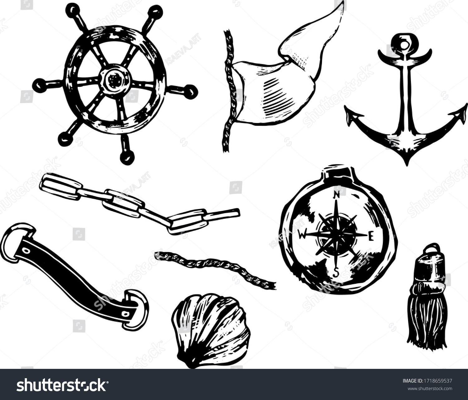 Hand Drawn Vector Set Anchors Compass Stock Vector Royalty Free